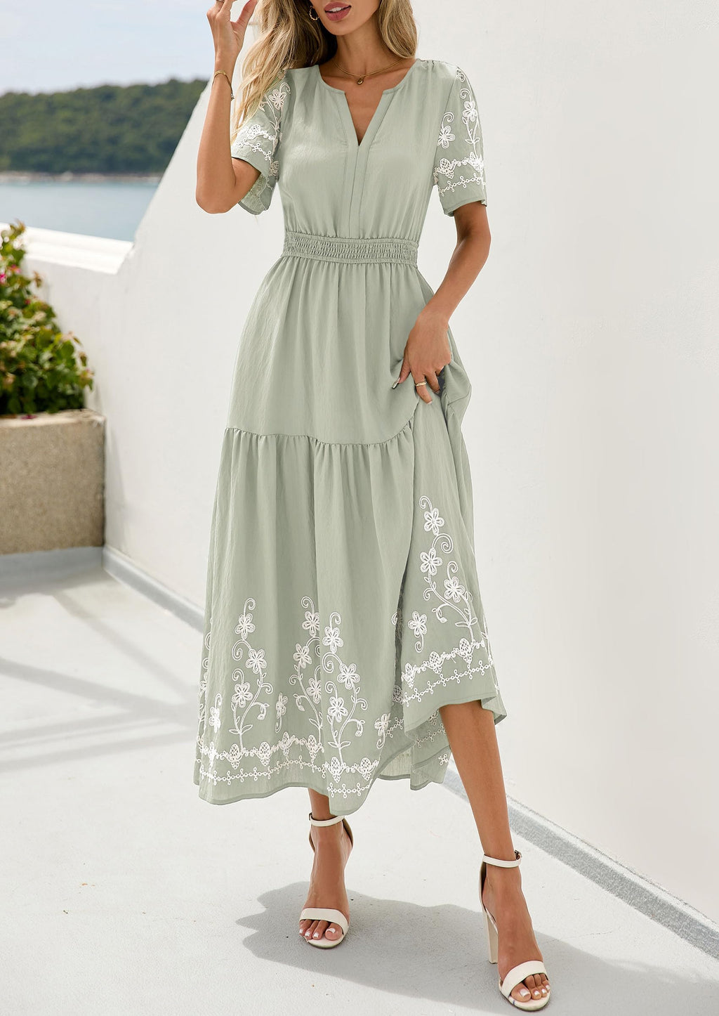 PRETTYGARDEN Women's Summer Boho Maxi Dress Spring Floral Short Sleeve V Neck A Line Flowy Beach Wedding Guest Dresses