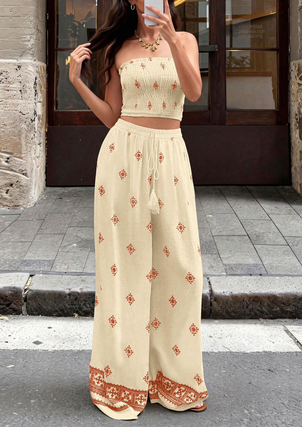 PRETTYGARDEN 2 Piece Sets for Women Summer  Travel Outfits Print Tube Tops Wide Leg Pants Beach Vacation Clothes