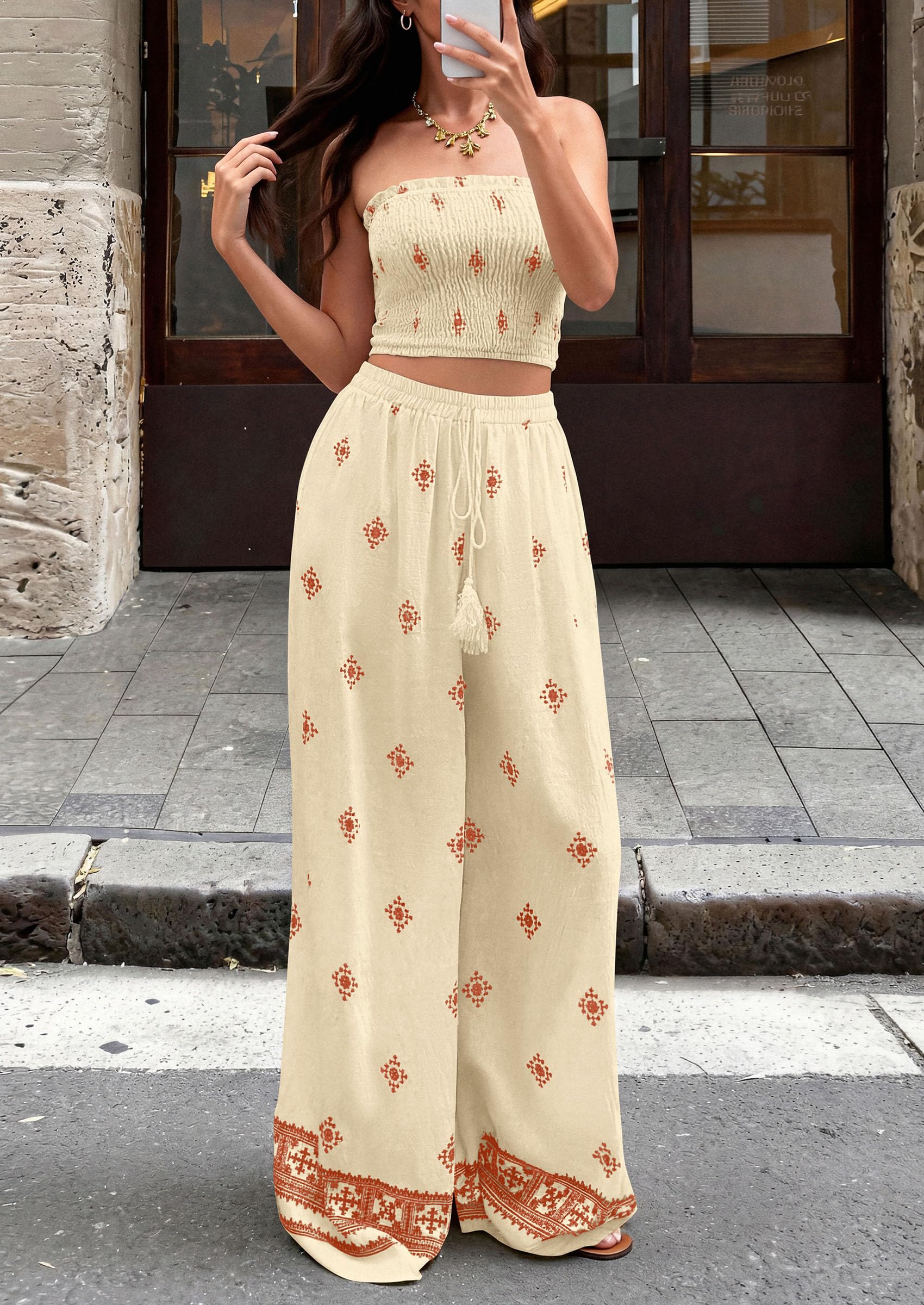 PRETTYGARDEN 2 Piece Sets for Women Summer  Travel Outfits Print Tube Tops Wide Leg Pants Beach Vacation Clothes