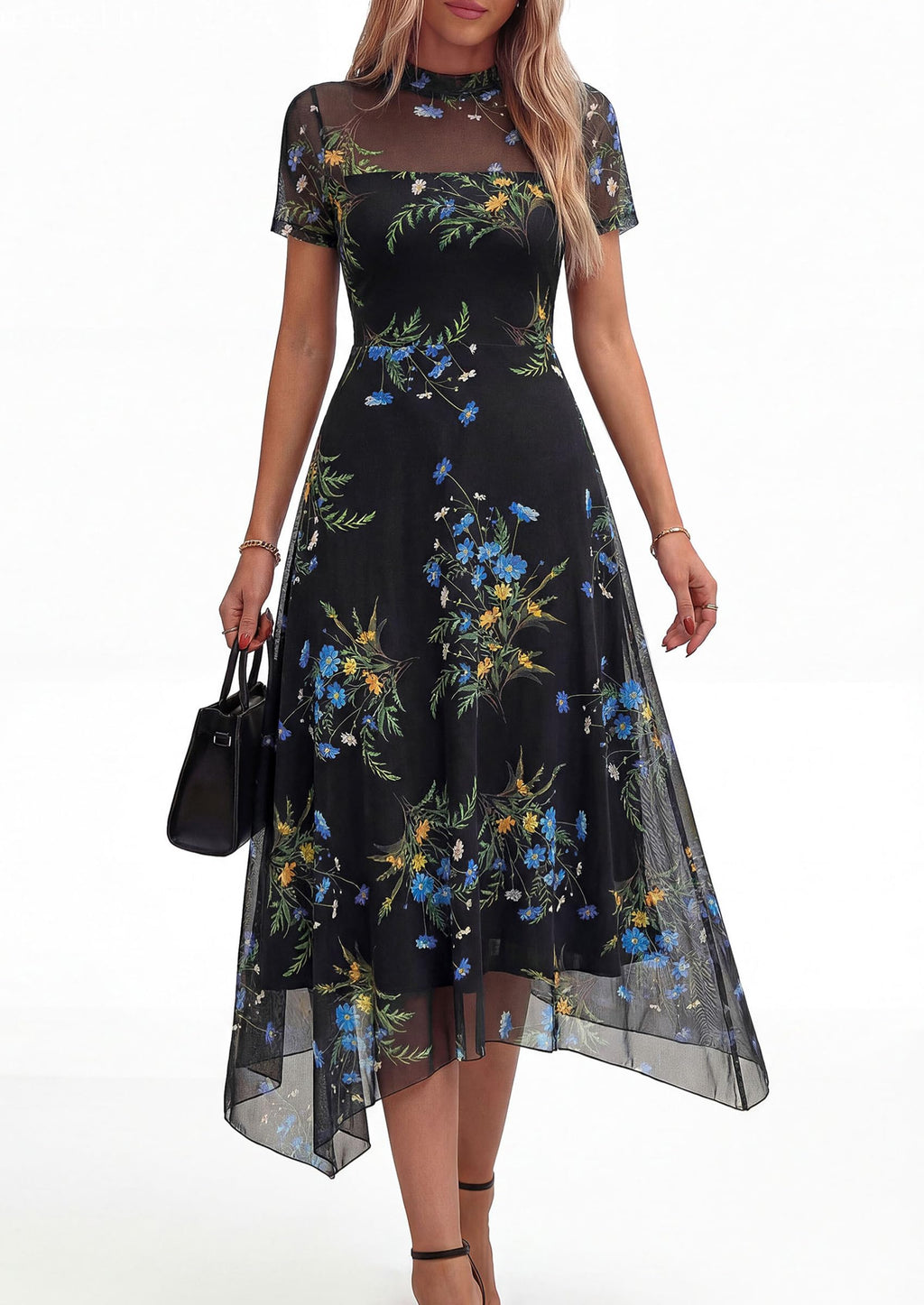 PRETTYGARDEN Cocktail Dresses for Women  Summer Short Sleeve Floral Mesh Sheer Midi Party Wedding Guest Dress