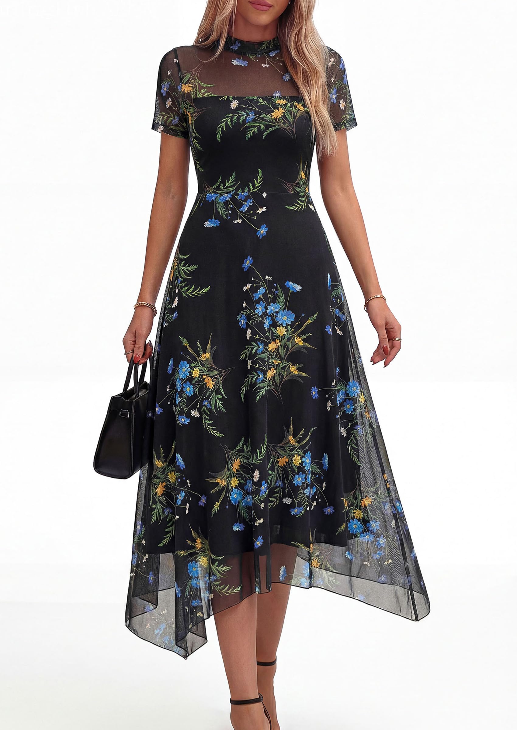 PRETTYGARDEN Cocktail Dresses for Women  Summer Short Sleeve Floral Mesh Sheer Midi Party Wedding Guest Dress