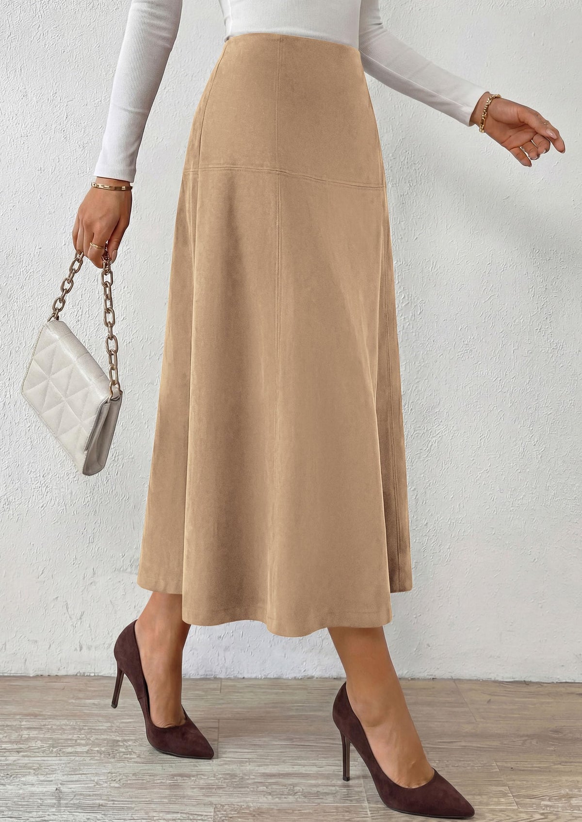 PRETTYGARDEN Womens High Waist Faux Suede A Line Midi Skirt | Hidden Stretch Elastic Waist, Front Back Panel Stitching, Vintage Elegant Mid-Calf Long Skirts for Fall Winter Office Daily