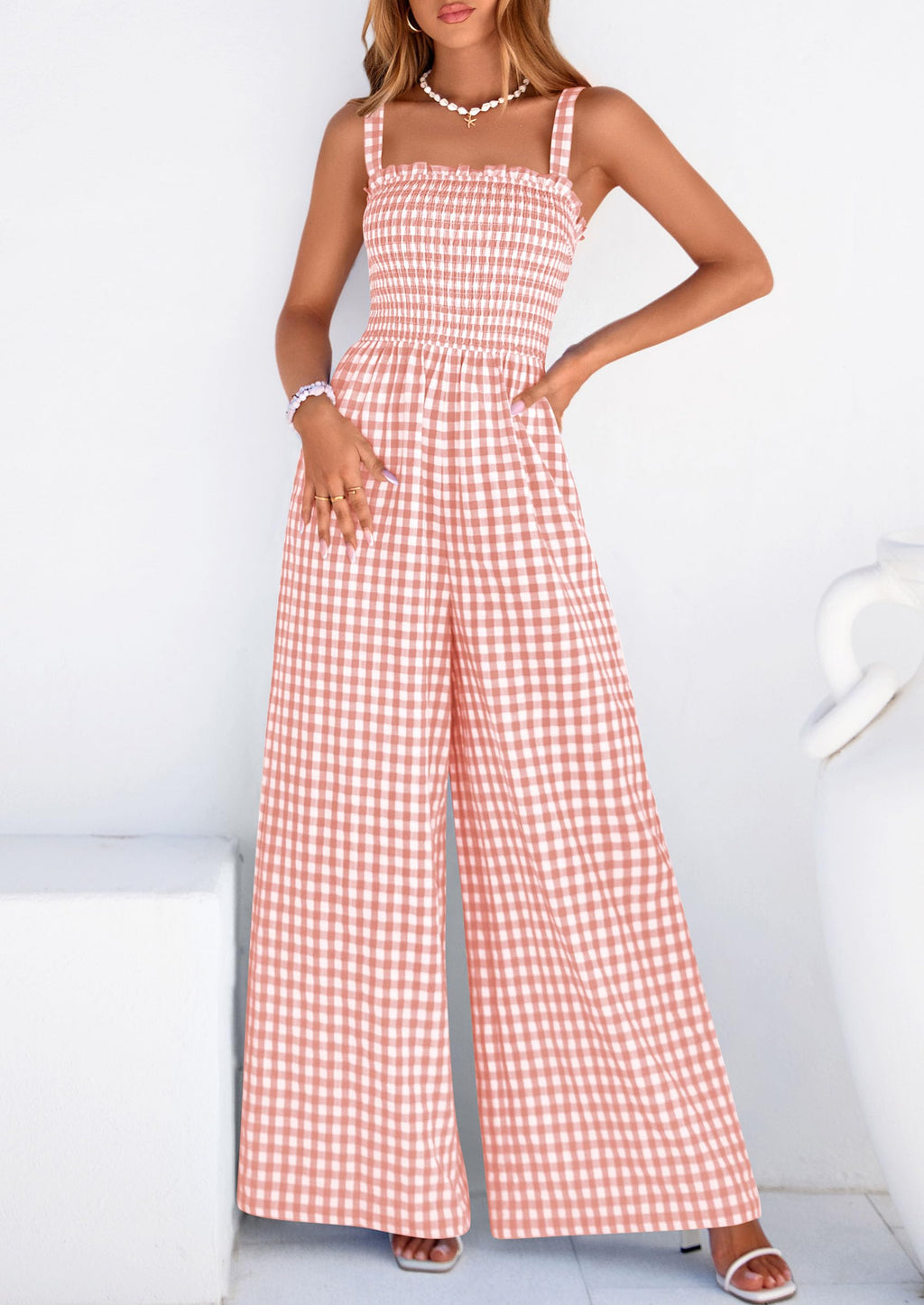 PRETTYGARDEN One Piece Jumpsuits for Women Casual Summer Cruise Outfits  Spring Fashion Smocked Wide Leg Gingham Rompers