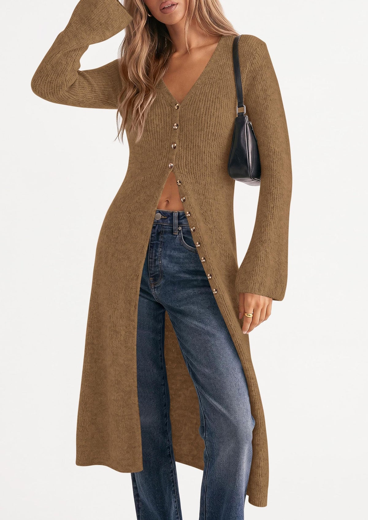 PRETTYGARDEN Women Long Cardigan Bell Sleeve Sweater Dress Early Fall Fashion, V Neck Button Down Coats, Fit and Flare, Duster Sweater, Acrylic Cotton Blend