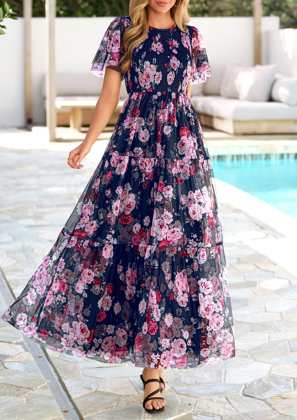 PRETTYGARDEN Tulle Floral Dress Women Summer Wedding Guest  Spring Short Sleeve Maxi Smocked Flowy Beach Party Dresses