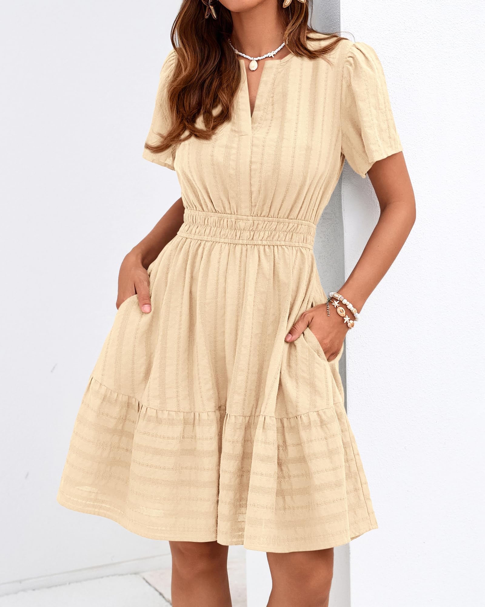BTFBM Womens Spring  Casual Mini Dresses Lightweight Short Sleeve V Neck Elastic Waist Cute Boho Beach Dress Pockets