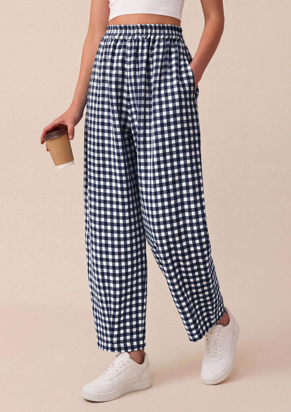 PRETTYGARDEN Plaid Barrel Pants Women Summer Casual Loose Wide Leg Lounge Gingham Trousers Spring Fashion Beach Bottoms