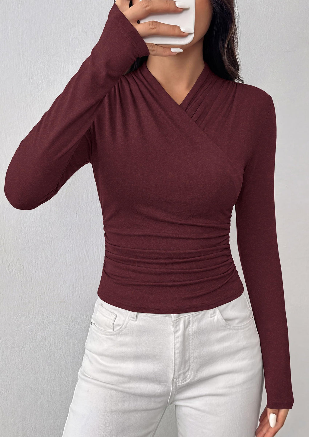 PRETTYGARDEN Womens Long Sleeve Shirts Going Out Wrap Top | Soft Heathered Stretchy Viscose Fitted Blouse, V Neck Ruched Waist Dressy Tops, Office Business Casual Fall Winter Daily Wear