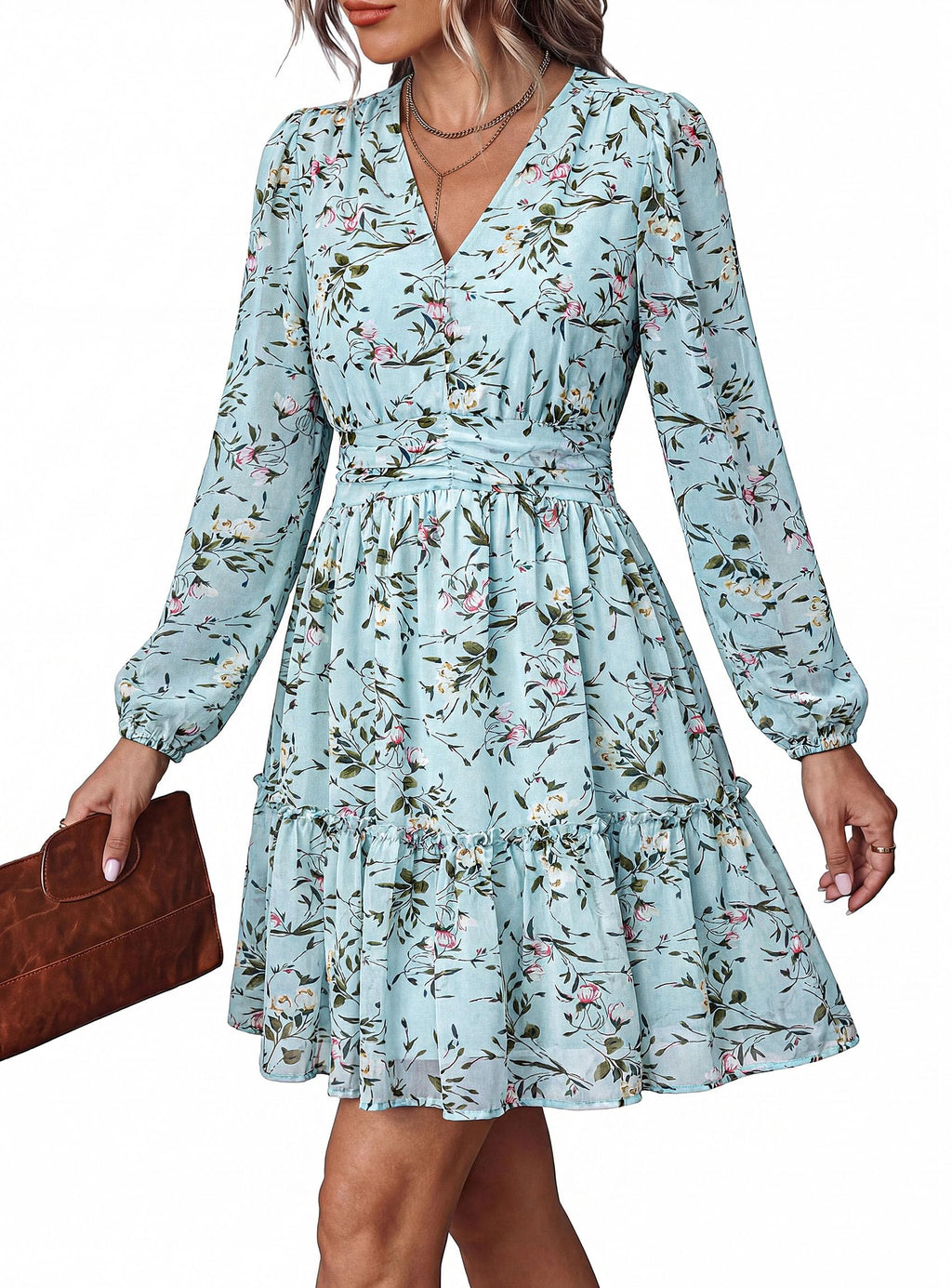 PRETTYGARDEN Women Floral Long Sleeve Mini Dress | Fall Wedding Guest Dresses, V Neck, Fit & Flare, Ruffle Hem A-Line, Short Chiffon Dress, Elegant Holiday Party, Date Outfits