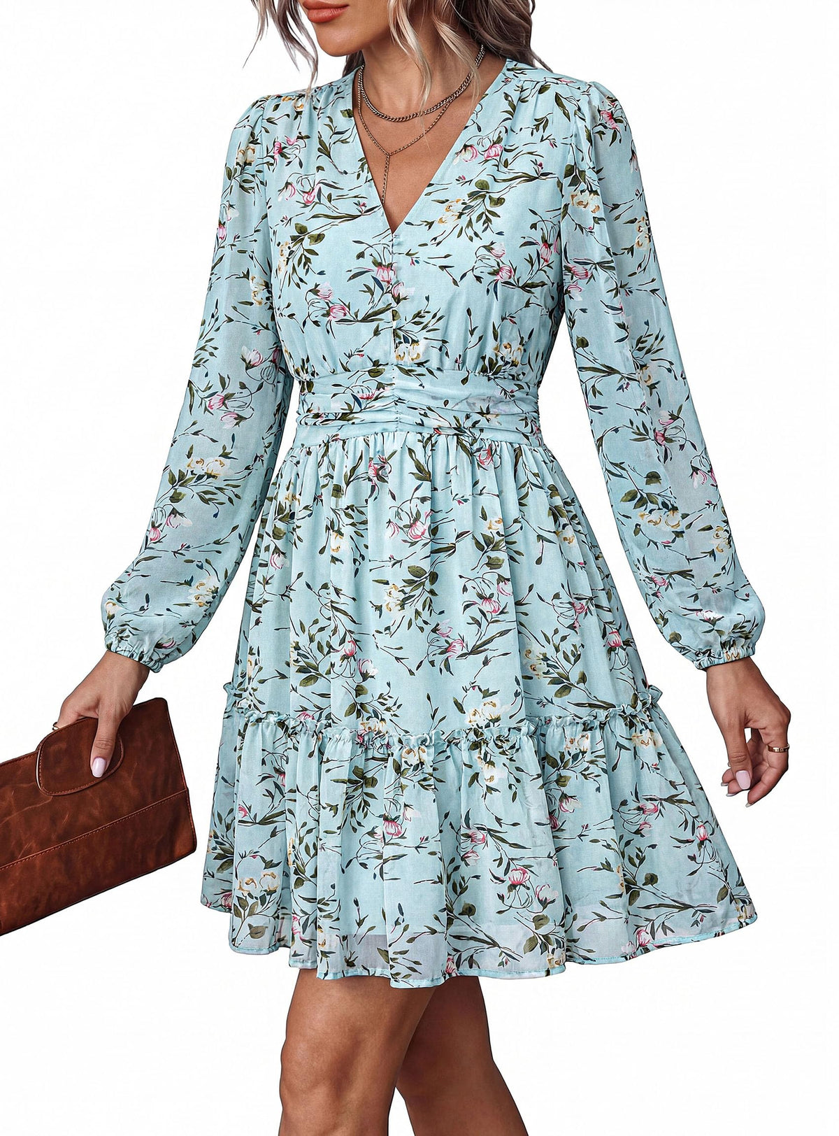 PRETTYGARDEN Women Floral Long Sleeve Mini Dress | Fall Wedding Guest Dresses, V Neck, Fit & Flare, Ruffle Hem A-Line, Short Chiffon Dress, Elegant Holiday Party, Date Outfits