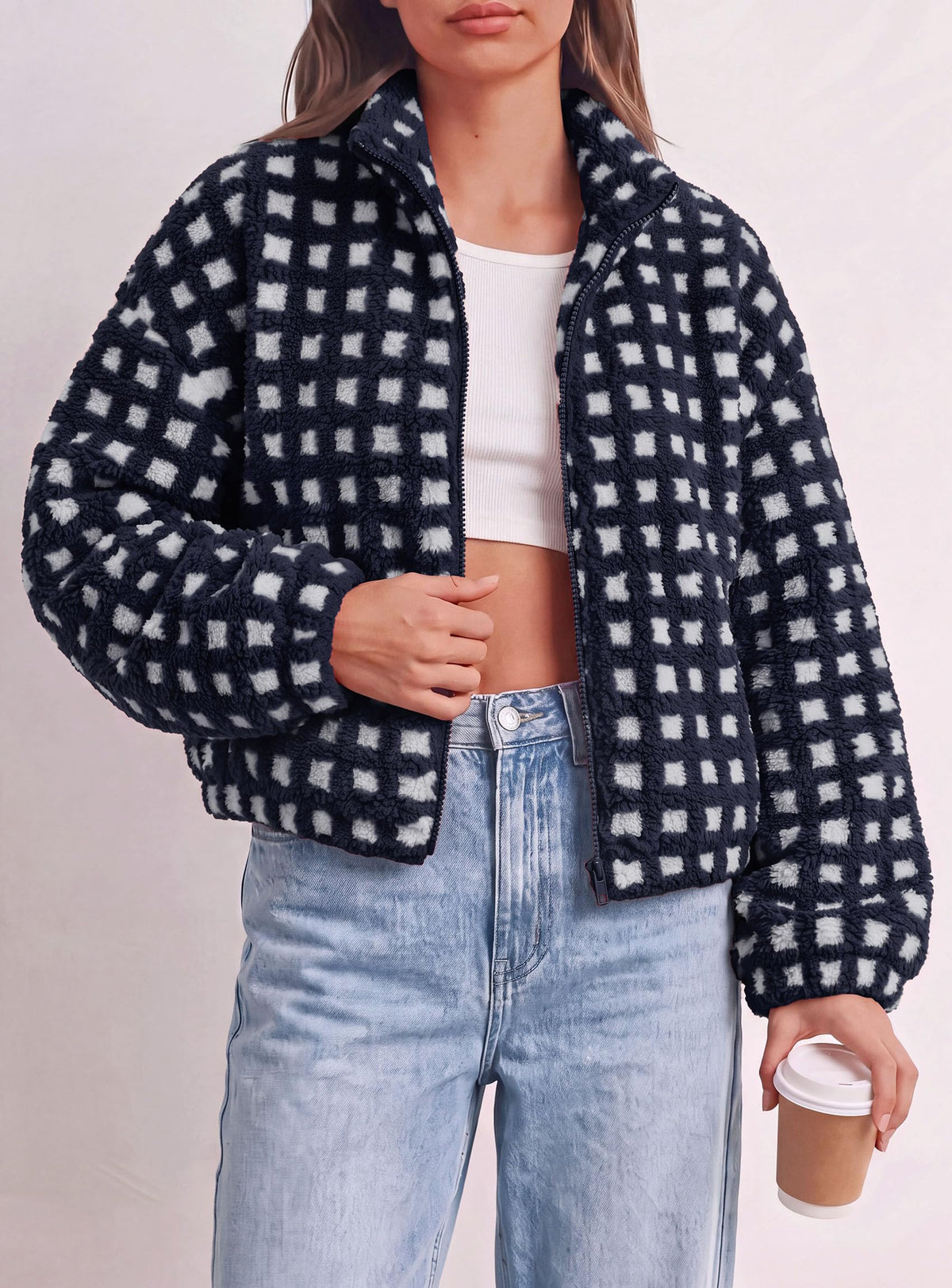 PRETTYGARDEN Women's Gingham Sherpa Fleece Jacket Plaid Cropped Teddy Coat Trendy Y2K Winter Jacket, Zip Up Stand Collar, Side Pockets, Fall Outfit for Casual Daily, Going Out, Streetwear, Outdoor