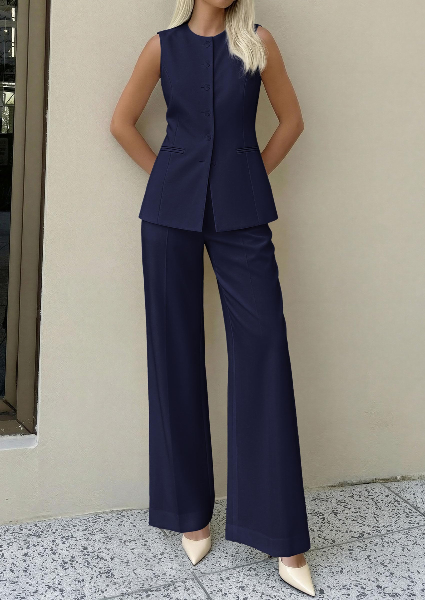 PRETTYGARDEN Women's 2 Piece Sets Summer  Work Clothes Sleeveless Blazer Vest Pants Suits Spring Business Casual Outfits