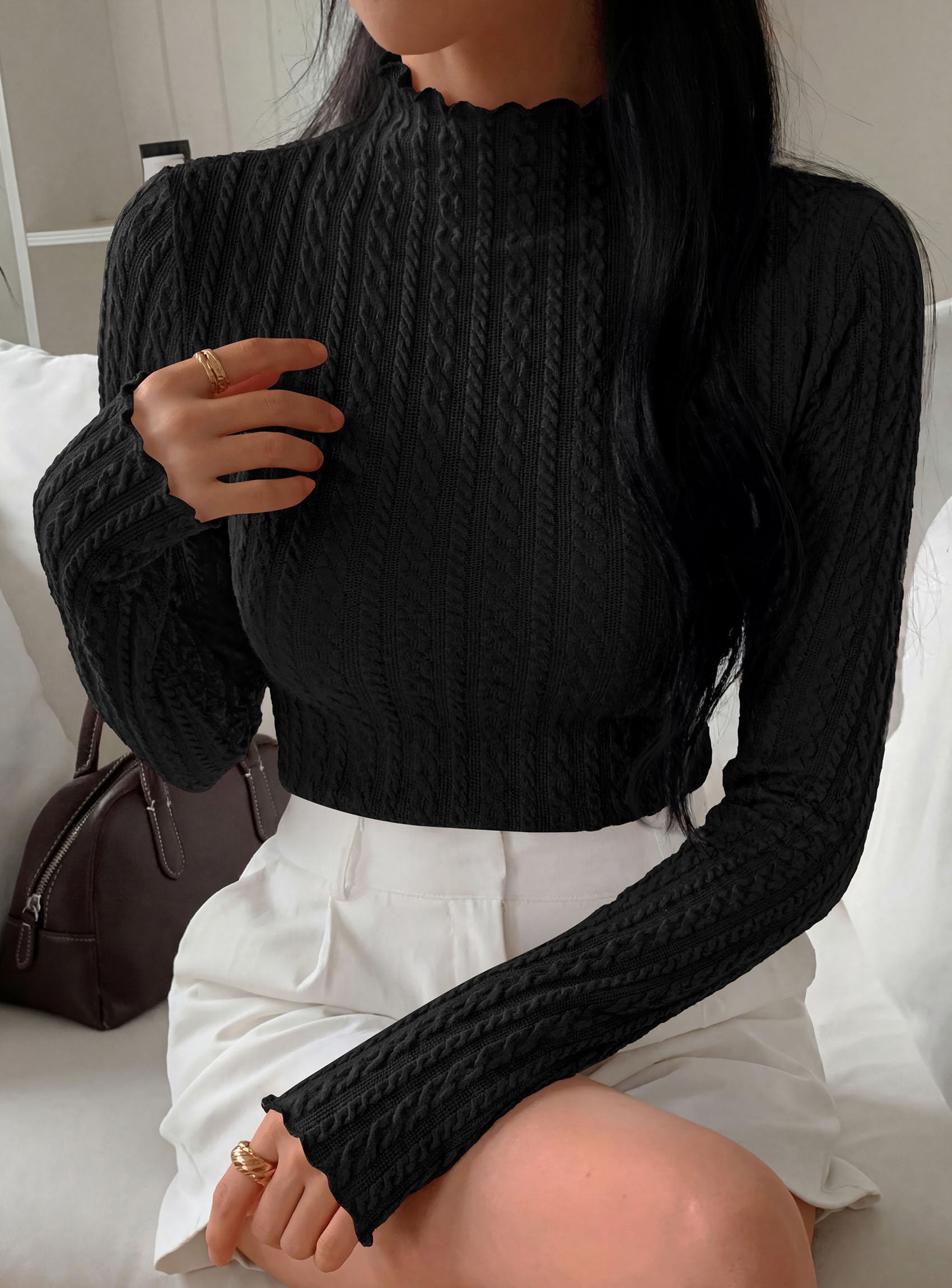 PRETTYGARDEN Women's Fall Long Sleeve Fitted Shirts | Comfy Stretchy Cable Knit, Trendy Lettuce Trim Mock Neck, Casual Basic Tees, Cute Layering Tops, 2026 Fashion Clothing