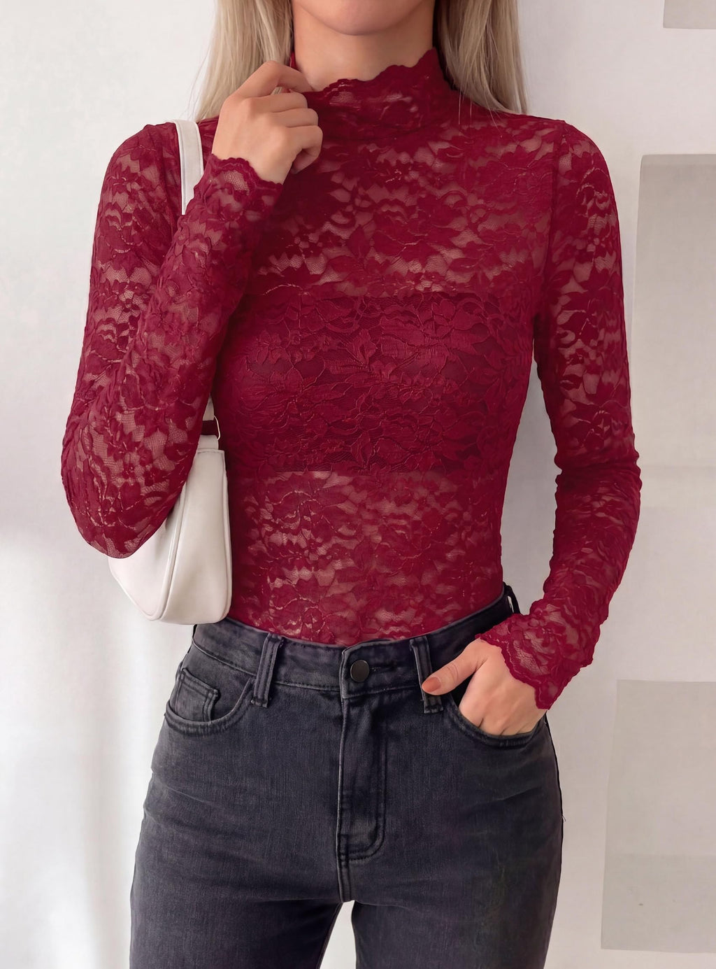 PRETTYGARDEN Womens Lace Long Sleeve Tops Sheer Mesh Blouse | Mock Neck Floral See Through, Slim Fitted, Soft Stretchy Elegant, Going Out Concert, Club Party Outfits, Fall Fashion Clothes
