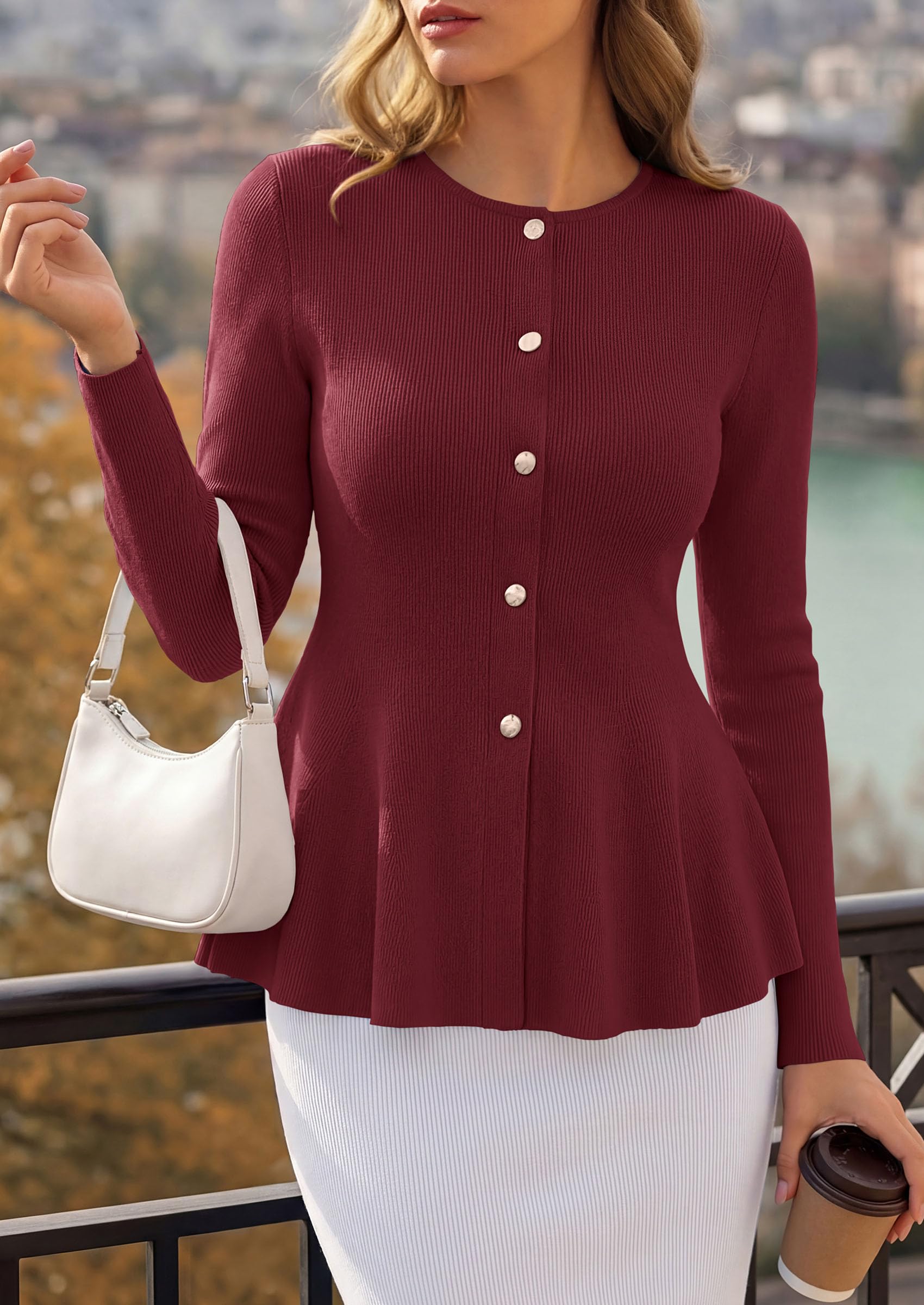 PRETTYGARDEN Women's Fall Lightweight Cardigan Sweaters | Long Sleeve Peplum Tops, Button Up, Slim Fitted, Flared Hem, Soft Ribbed Knit, Business Casual Outfits, Winter Trendy Clothes