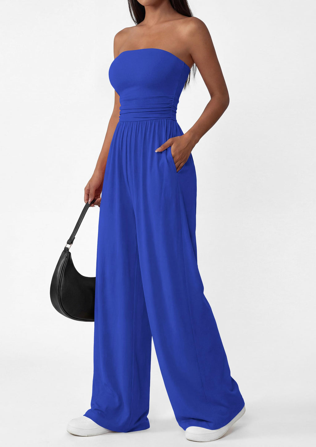 PRETTYGARDEN Womens Trendy Strapless Rompers Ruched Tube Top Wide Leg One Piece Jumpsuits Beach Vacation Summer Outfits