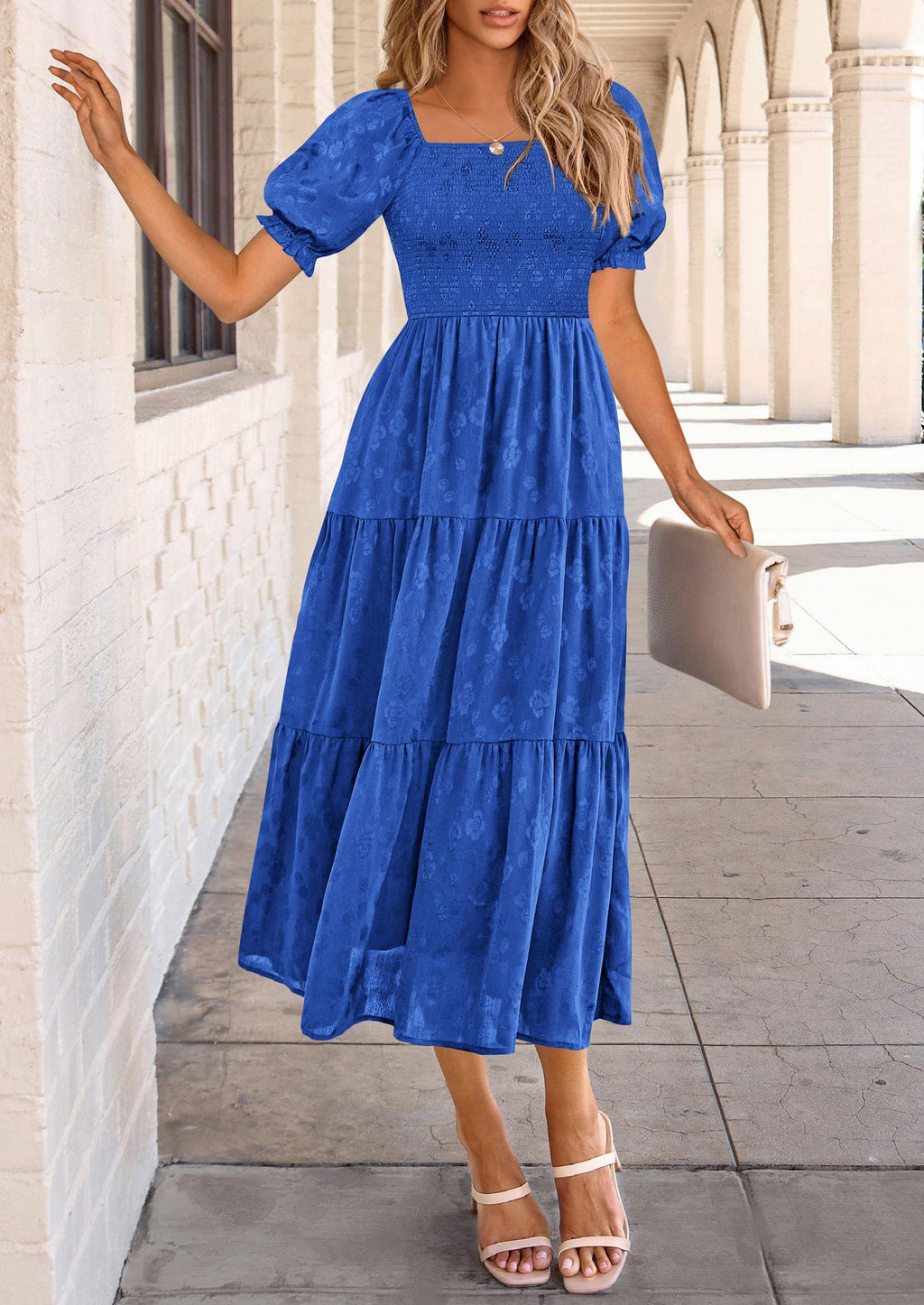 PRETTYGARDEN Women's Summer Casual Midi Dresses Square Neck Short Sleeve Smocked A Line Floral Flowy Elegant Boho Dress