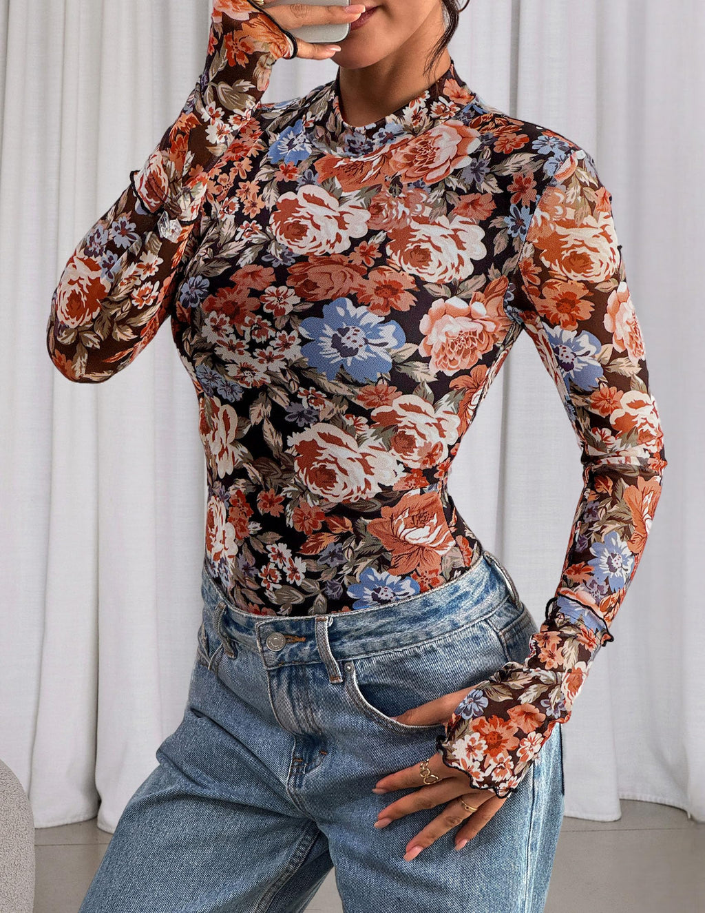 PRETTYGARDEN Womens Fall Mesh Floral Blouses Long Sleeve Going Out Tops Slim Fitted Shirts Date Night Outfits