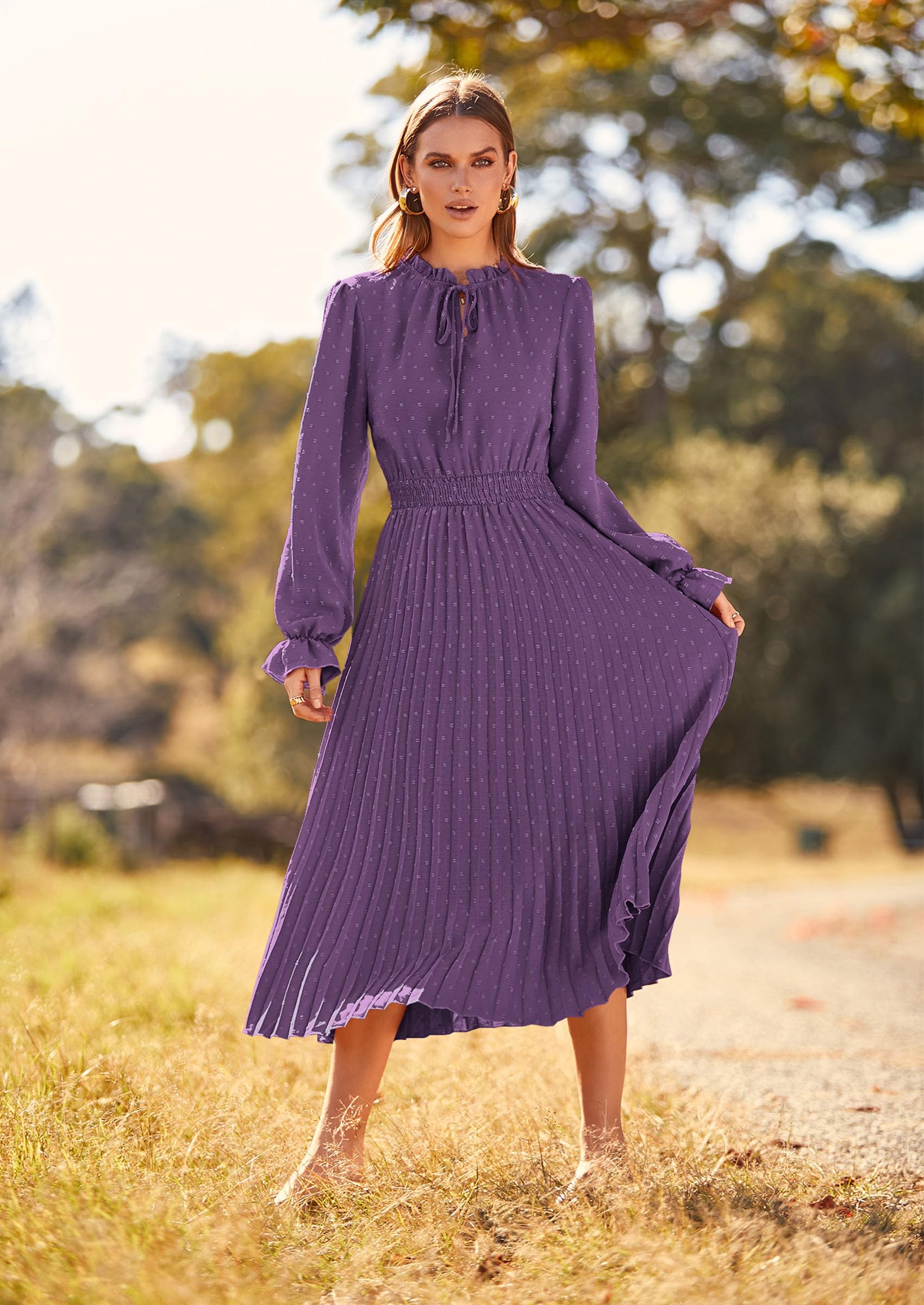 PRETTYGARDEN Women's Spring Fall Midi Dress Casual Long Sleeve V Neck Swiss Dot Pleated A Line Flowy Dresses