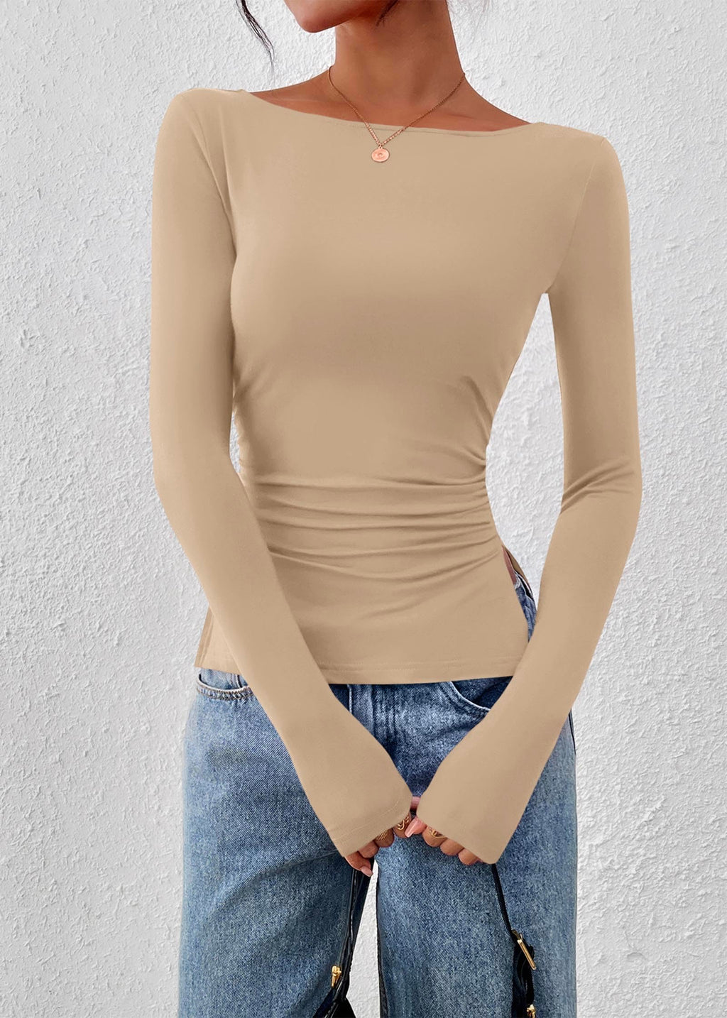 FreshPretty Long Sleeve Shirts for Women Fall Casual Boat Neck Knit Workout Going Out Tops Fitted Side Slit Basic Tees