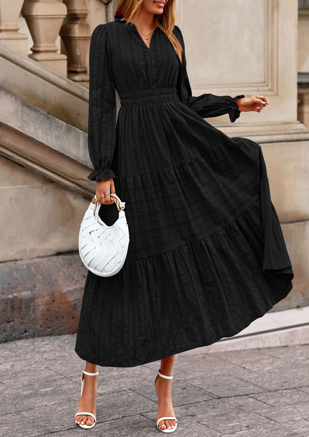 PRETTYGARDEN Women's Fall Wedding Guest Dresses Long Sleeve V Neck Flowy Elegant Holiday Party Maxi Dress with Pockets