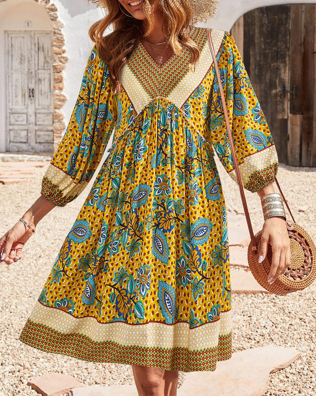 BTFBM Women Casual Spring Summer Dresses V Neck 3/4 Long Sleeve Ruffle Floral Flowy Boho Babydoll Mini Short Beach Dress
