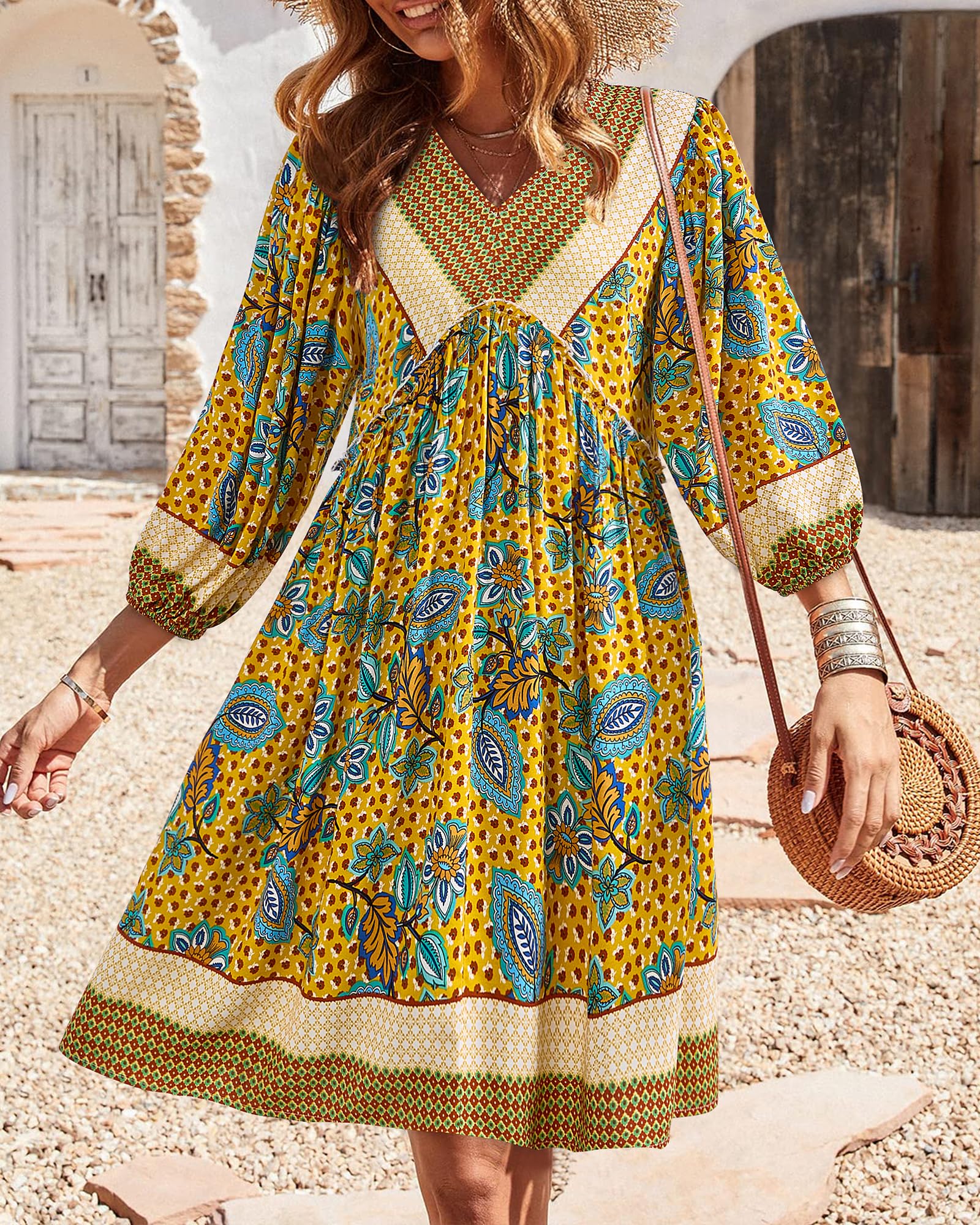 BTFBM Women Casual Spring Summer Dresses V Neck 3/4 Long Sleeve Ruffle Floral Flowy Boho Babydoll Mini Short Beach Dress