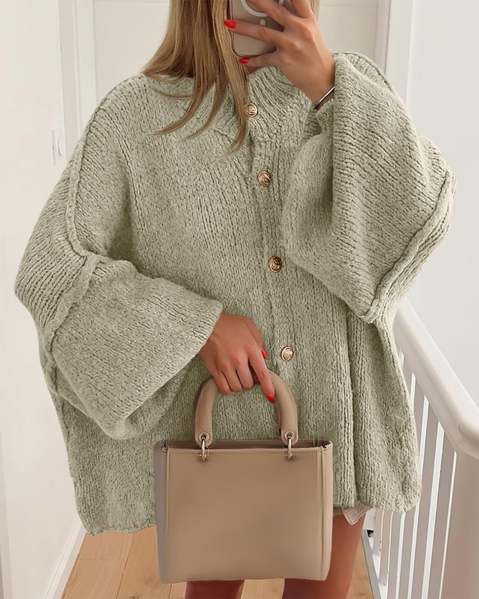 BTFBM Cardigan Sweaters for Women Fall Clothes Lantern Long Sleeve Button Open Front Chunky Knit Oversized Sweater