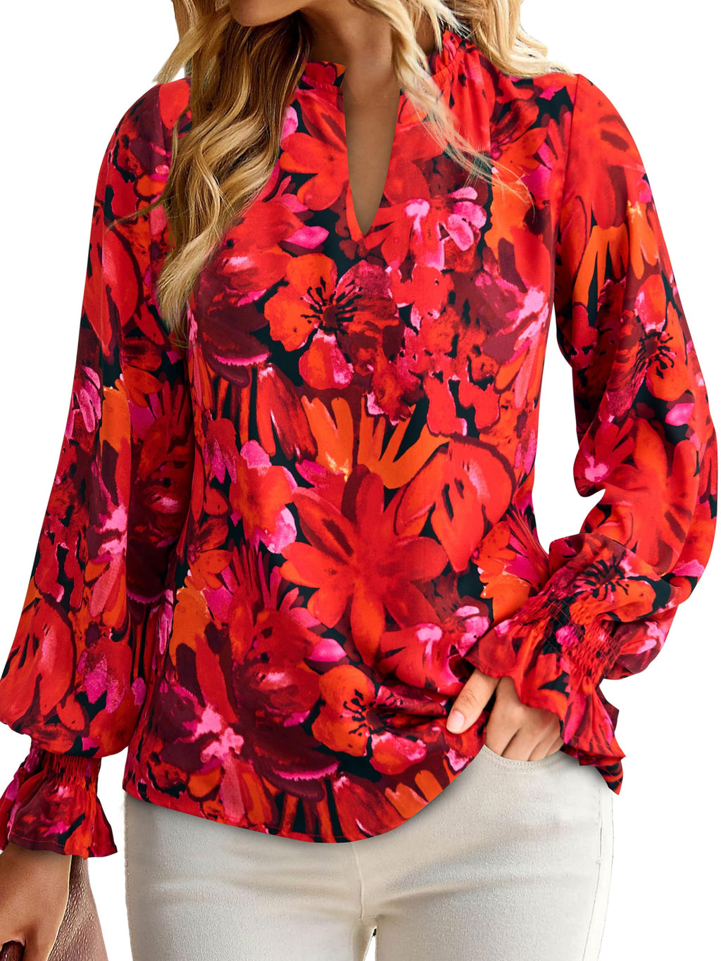 FreshPretty Womens V Neck Floral Long Sleeve Tops Summer Casual Loose Puff Sleeve Chiffon Boho Work Blouse Dressy T Shirts