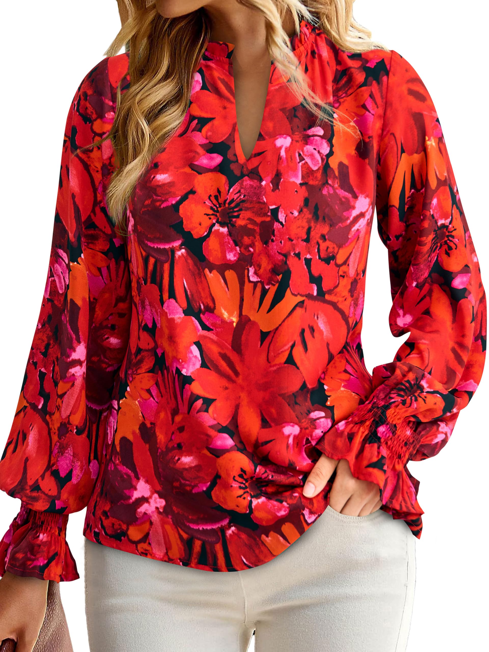 FreshPretty Womens V Neck Floral Long Sleeve Tops Summer Casual Loose Puff Sleeve Chiffon Boho Work Blouse Dressy T Shirts