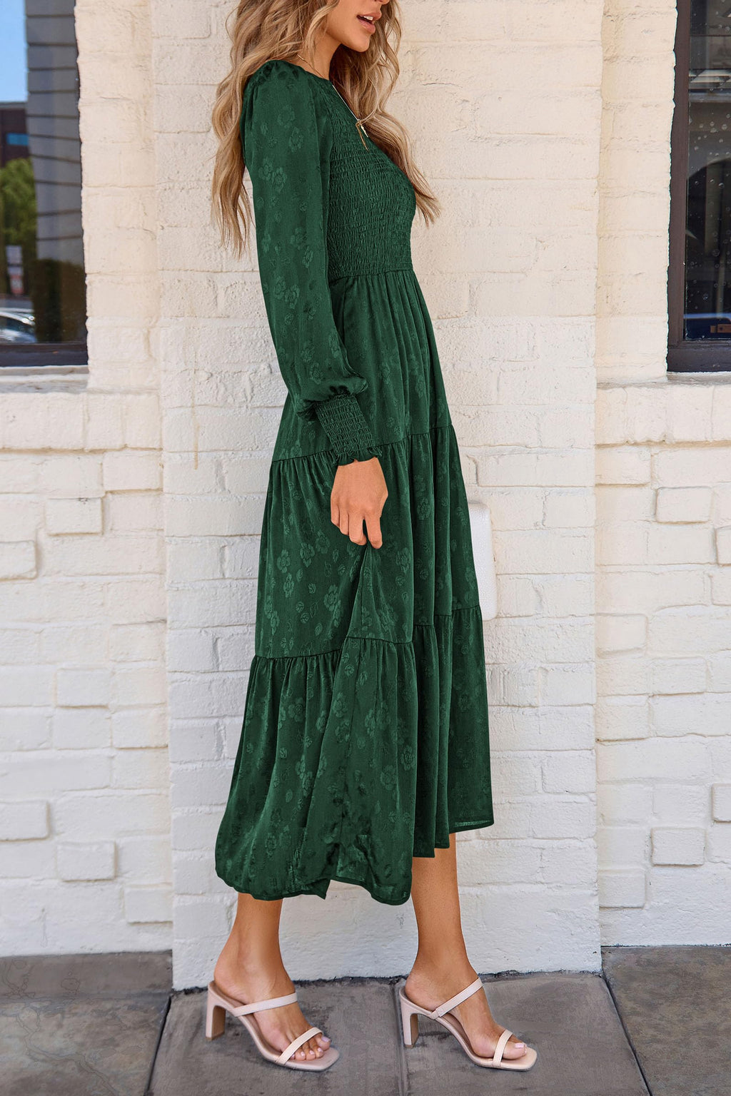 PRETTYGARDEN Women's Fall Spring Midi Dress Long Sleeve Floral Smocked Elegant Wedding Guest Long Flowy Dresses with Pockets