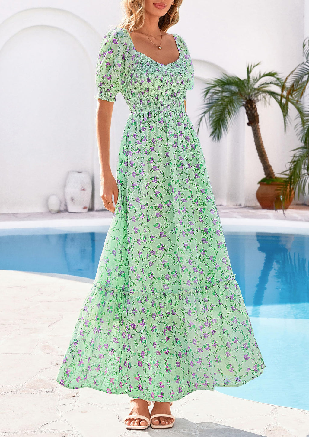 PRETTYGARDEN Women's Floral Boho Maxi Dresses Flowy Short Sleeve A Line Smocked Eyelet Summer Beach Vacation Clothes