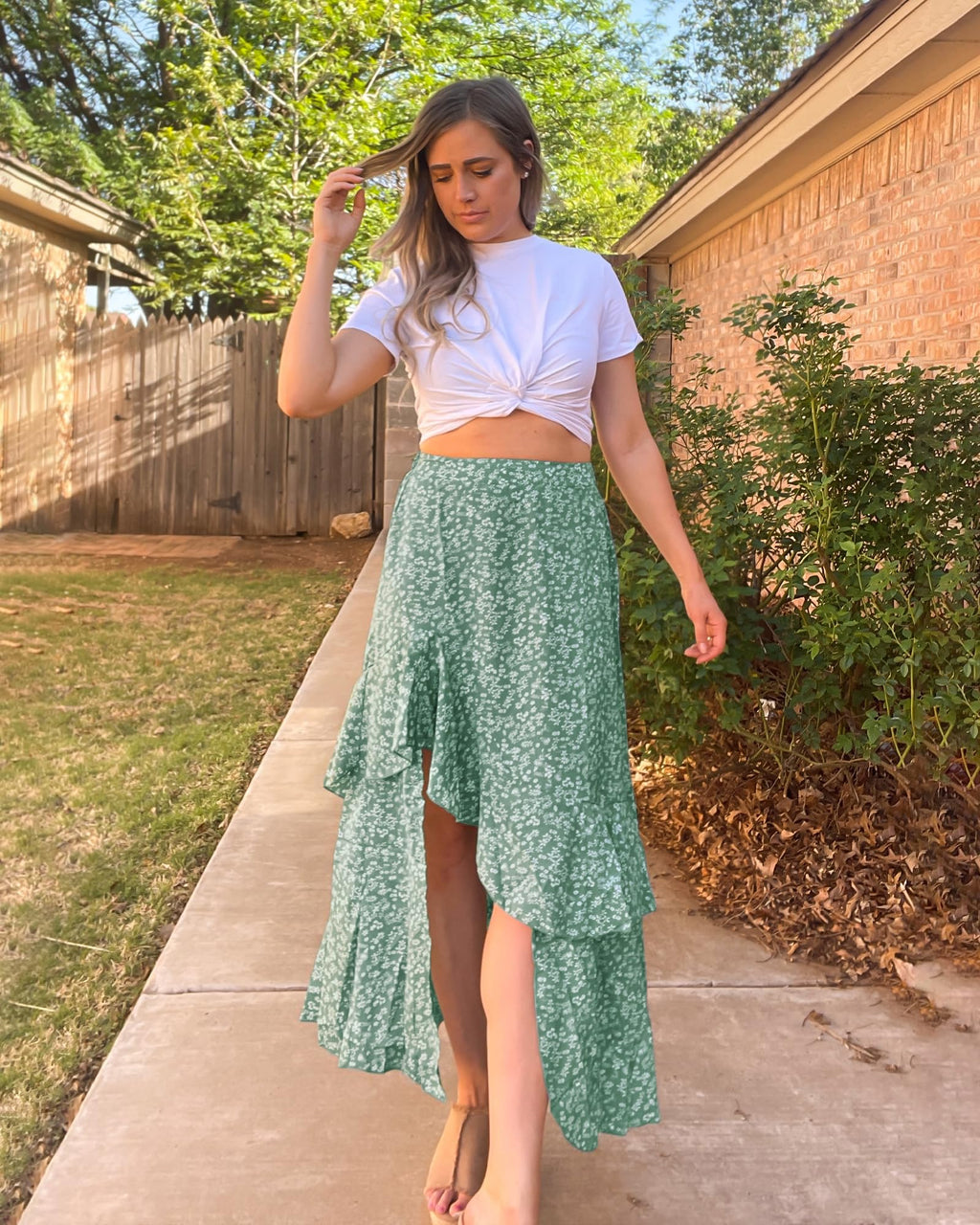 BTFBM Women Spring Summer Long Skirts Dress Boho Floral Elastic Waist Split Ruffle High Low Beach Maxi Skirt Clothes