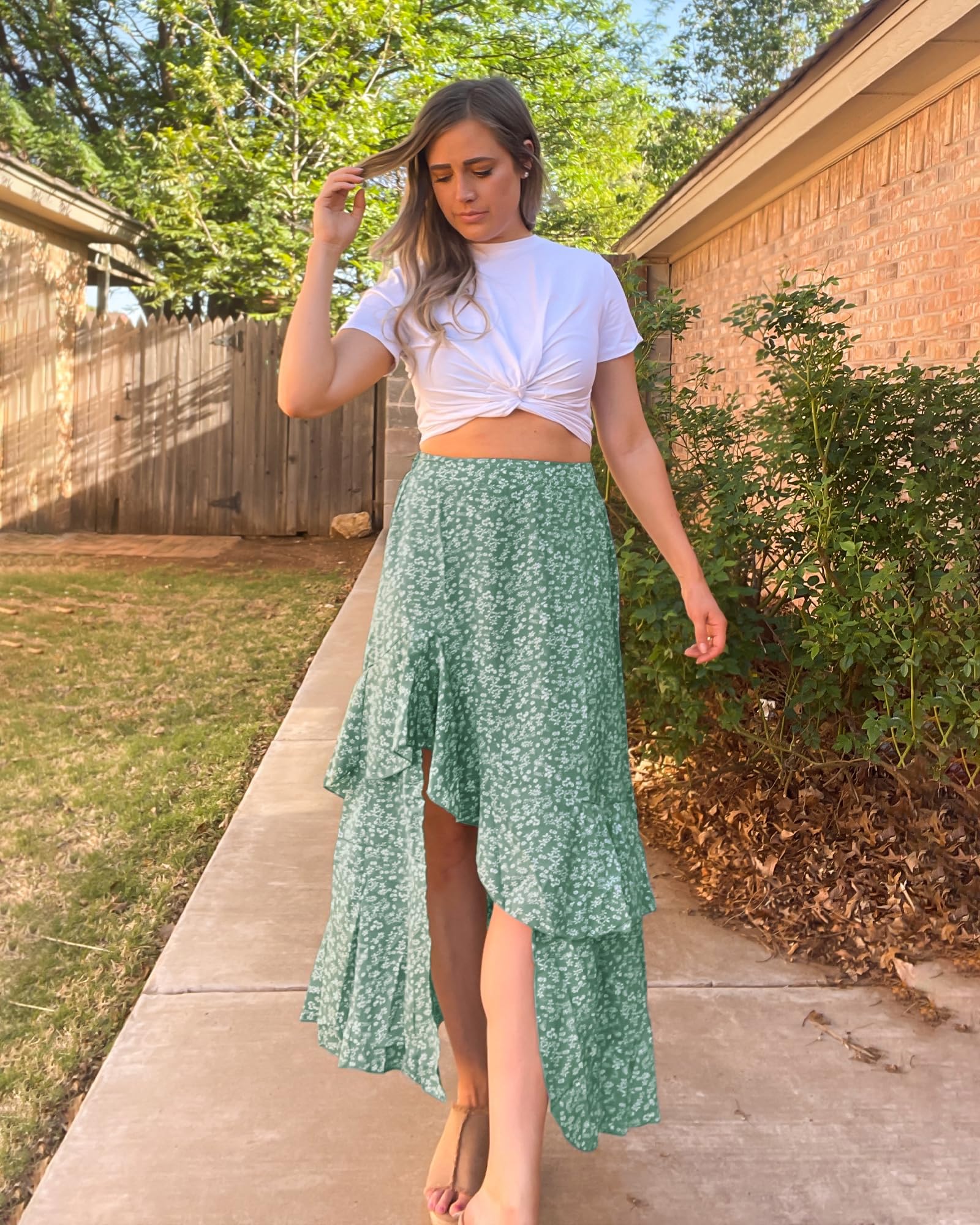 BTFBM Women Spring Summer Long Skirts Dress Boho Floral Elastic Waist Split Ruffle High Low Beach Maxi Skirt Clothes