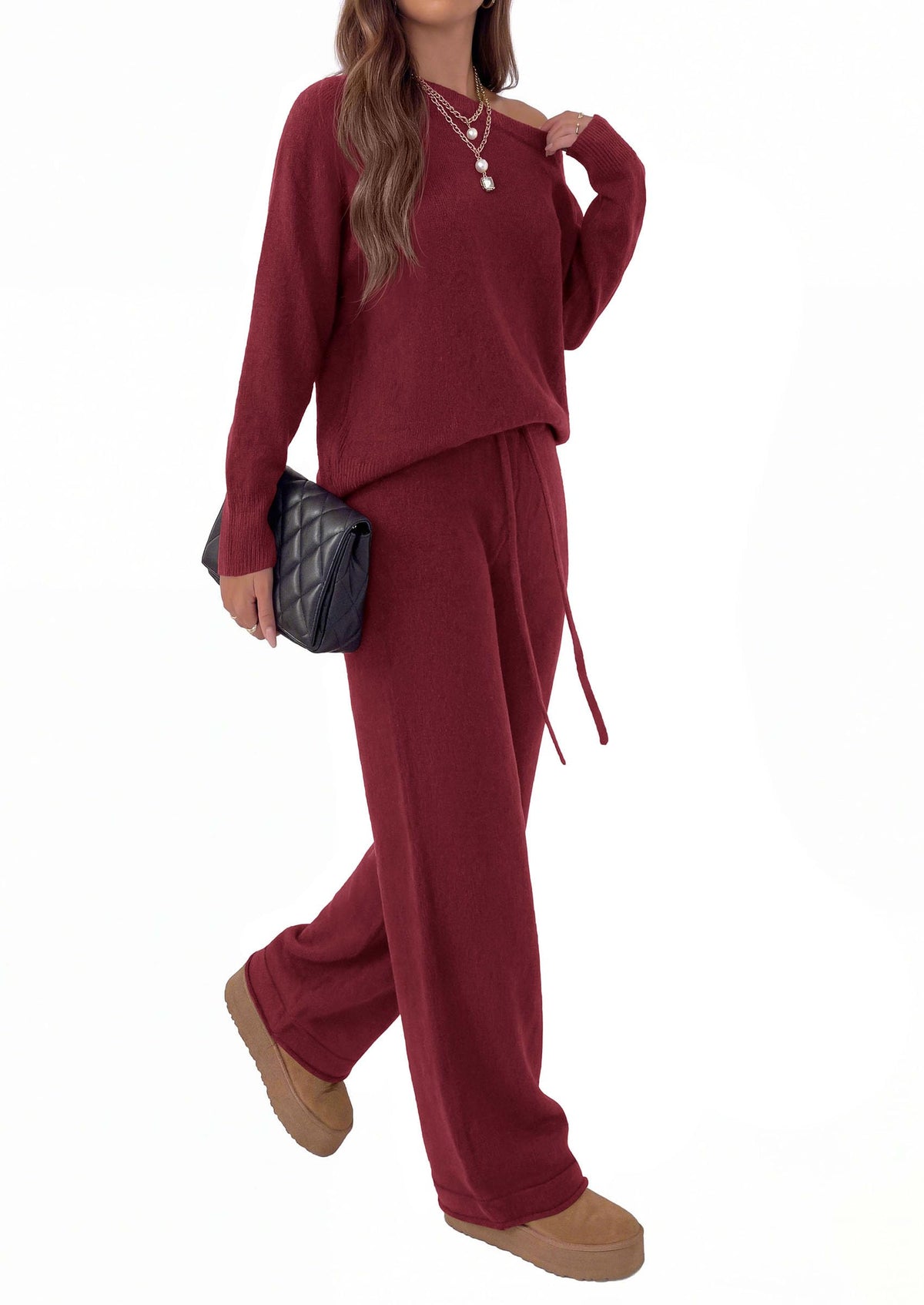 PRETTYGARDEN Lounge Sets Womens Sweaters Two Piece Outfits Cozy Boat Neck Long Sleeve Tops, Wide Leg Pants with Drawstring, Casual Fall Fashion Airport & Travel, Knit Matching Set