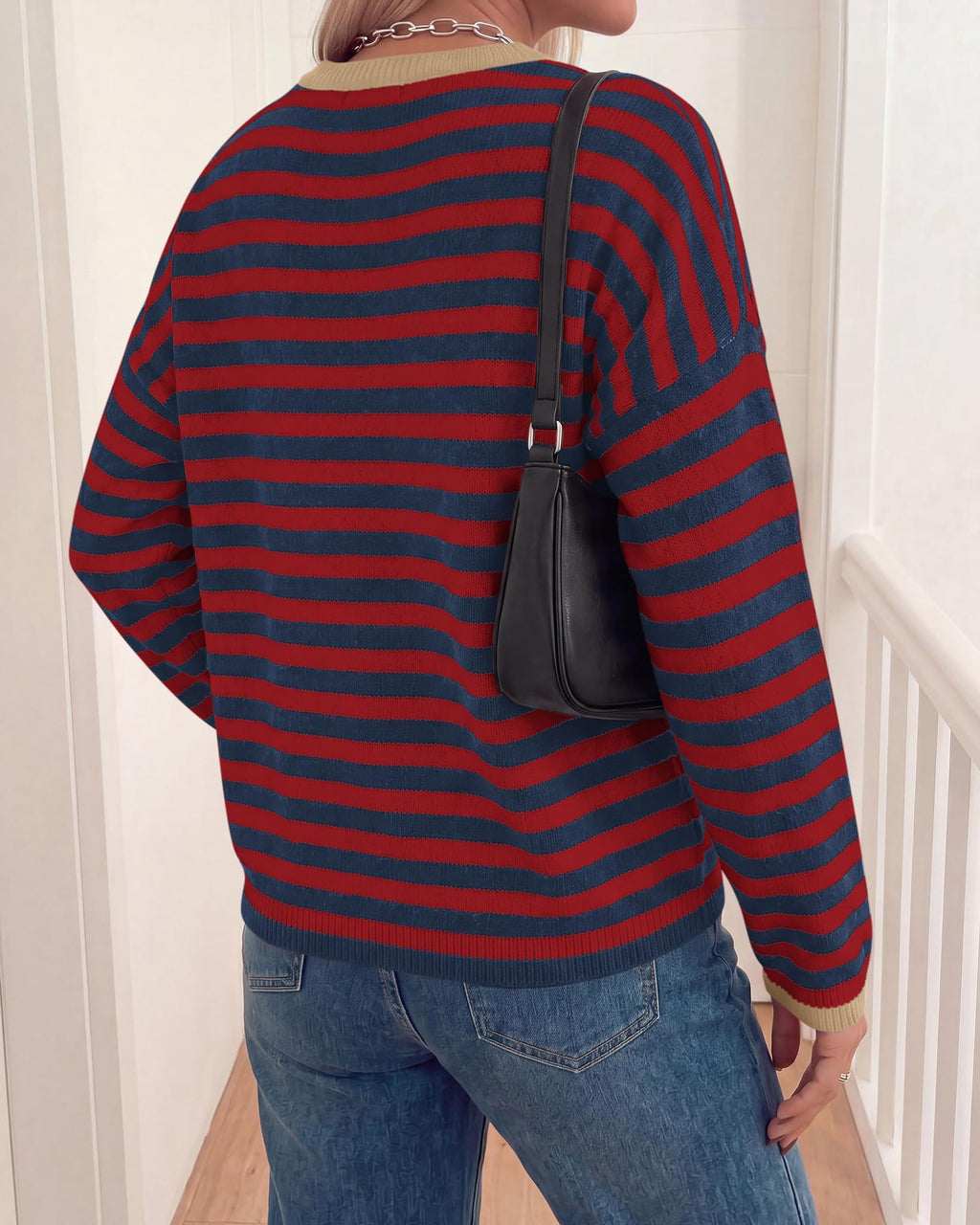 BTFBM Women's Lightweight Oversized Striped Sweater | Soft Knit Cozy Sweaters, Crew Neck Long Sleeve Pullover, y2k Color Block, Casual Holiday Outfits, Winter Fall Clothes