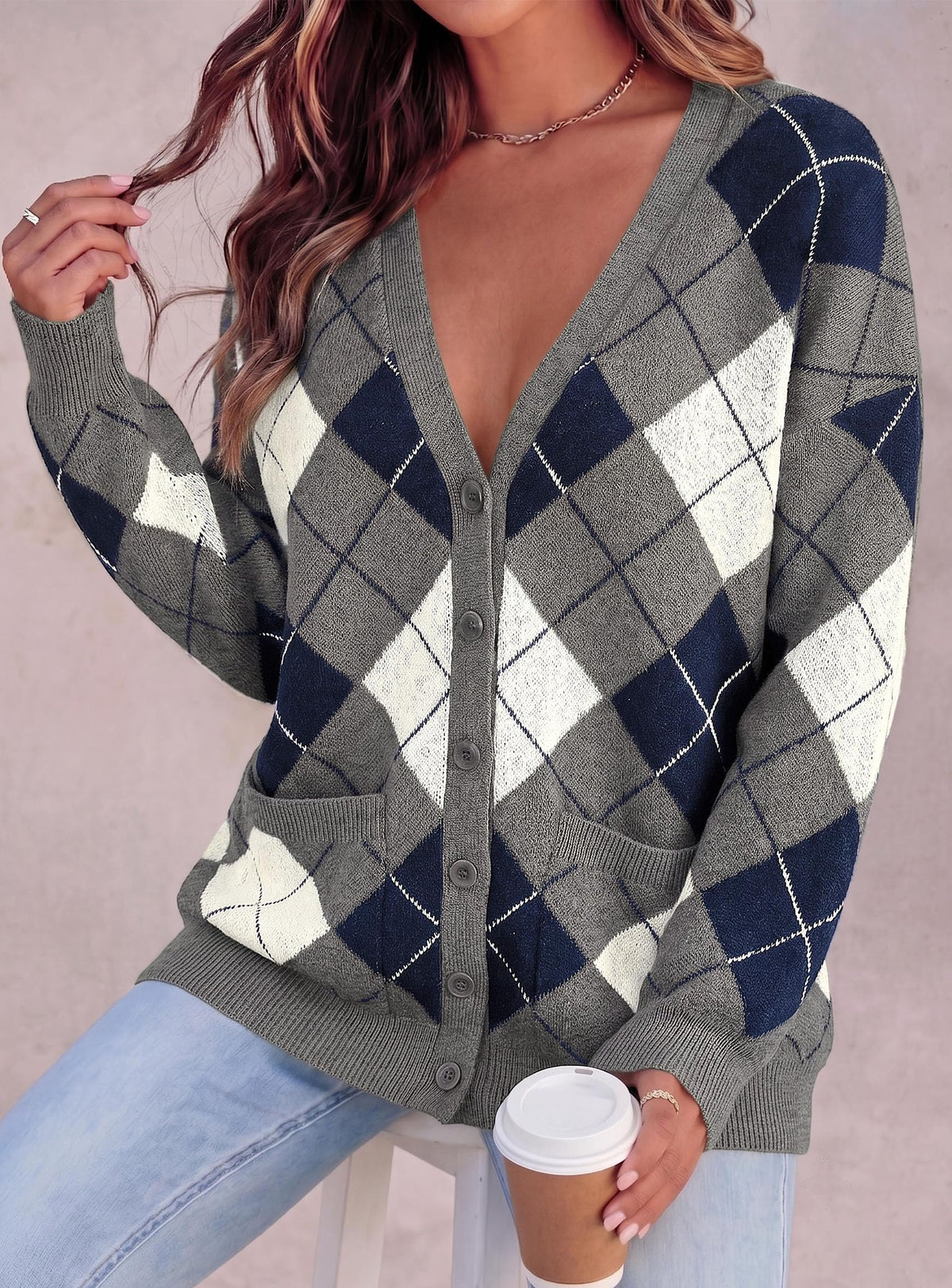 PRETTYGARDEN Women's Cardigan Argyle Winter Sweaters Cozy Warm Chunky Knit, Long Sleeve V Neck, Color Block Plaid, Button Up Pocket,Trendy Fall Jackets, Holiday Going Out Outfits