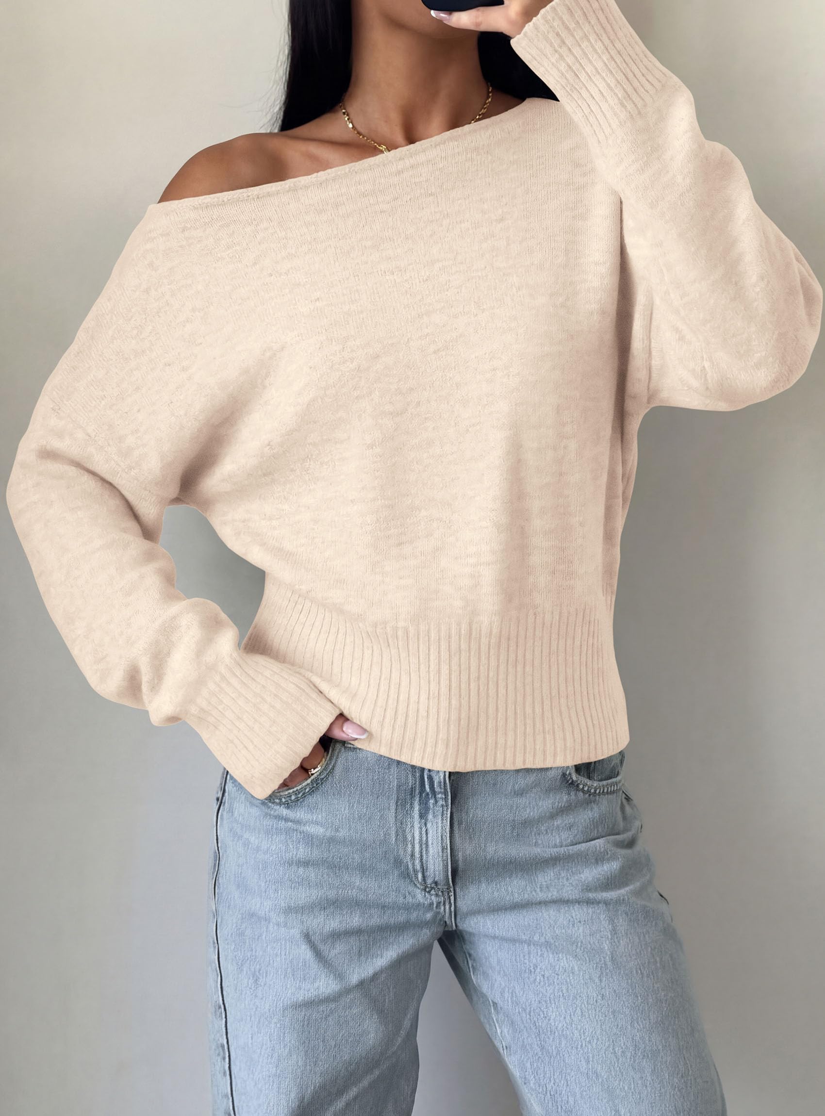 PRETTYGARDEN Womens Off The Shoulder Sweater Fall Fashion Soft Stretchy Knit Fabric, Batwing Long Sleeve Cinched Waist Cropped Sweaters, Date Night Outfit, Asymmetrical Going Out Tops