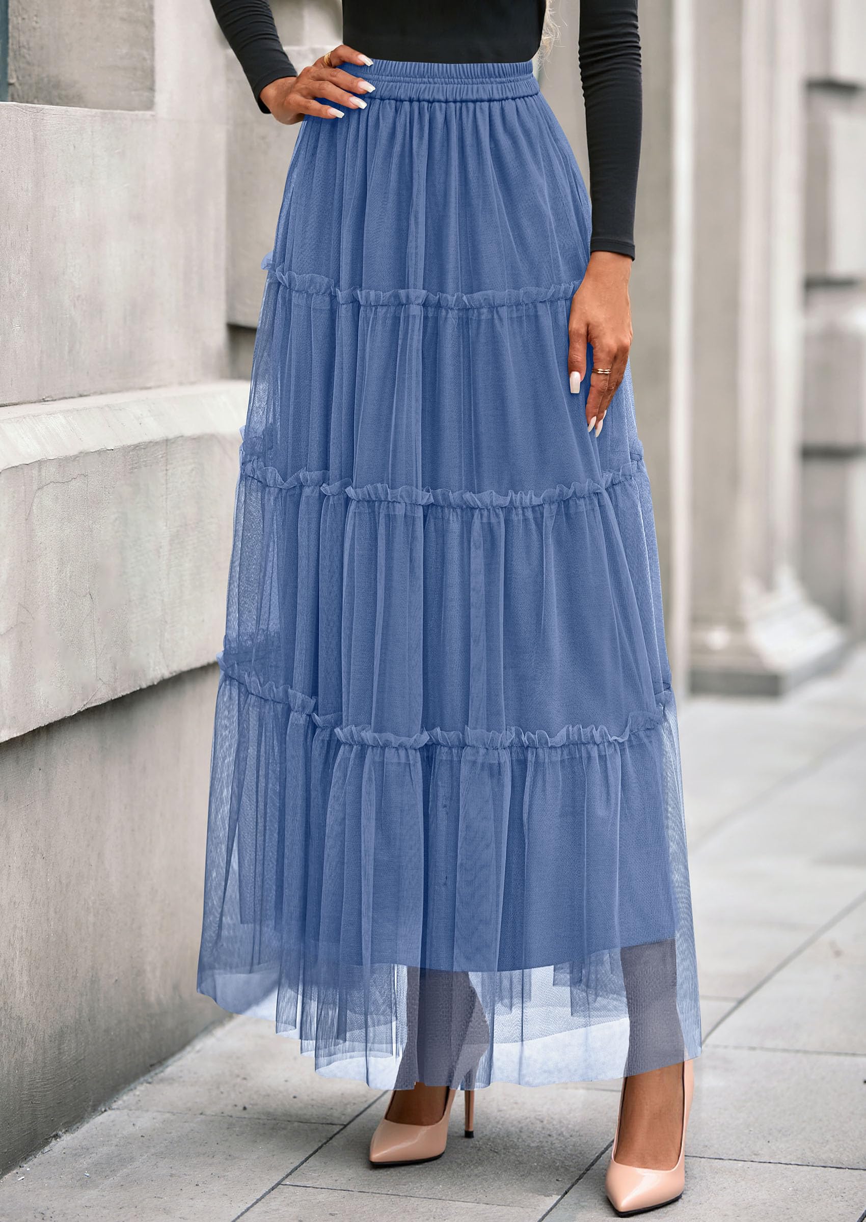 PRETTYGARDEN Tulle Skirts for Women Fall Fashion Elastic High Waisted Fairy Tiered Flowy A-Line Casual Maxi Long Skirt