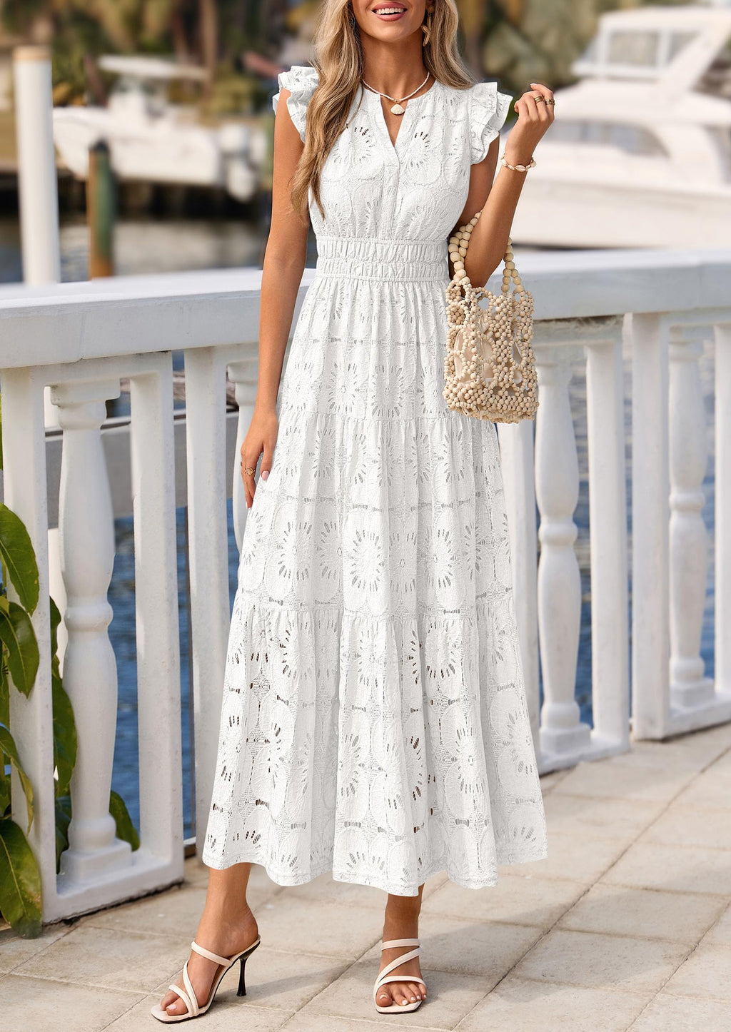 PRETTYGARDEN Womens Boho Maxi Dresses Summer Floral Lace Eyelet V Neck Spring Wedding Guest Dress Beach Vacation Clothes