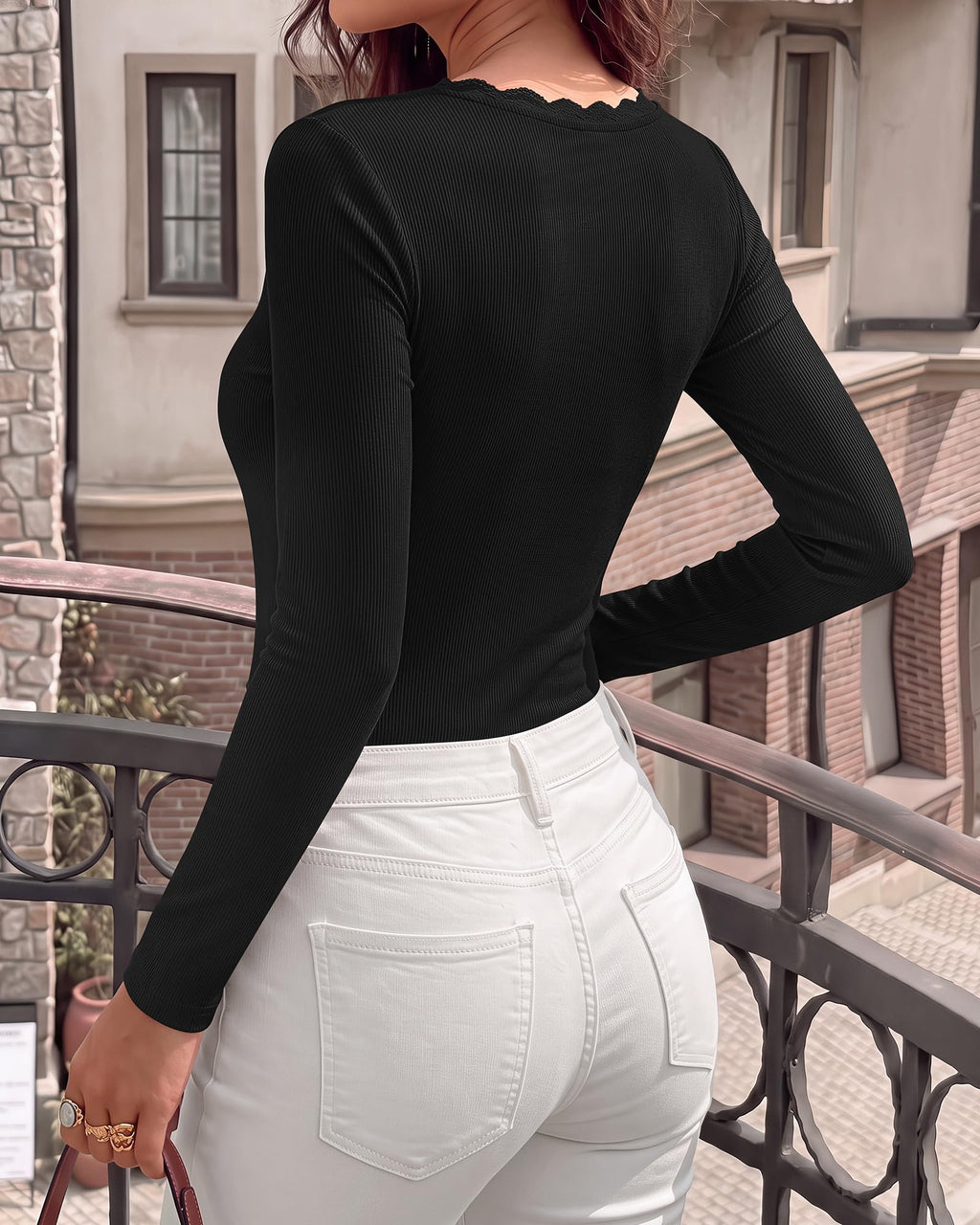 BTFBM Lace Deep V Neck Fitted Long Sleeve Shirts for Women | Womens Fall Fashion, Casual T Shirt, Base Layer, Basic Undershirts, Slim Fit Going Out Tops, Date Night Out Outfits