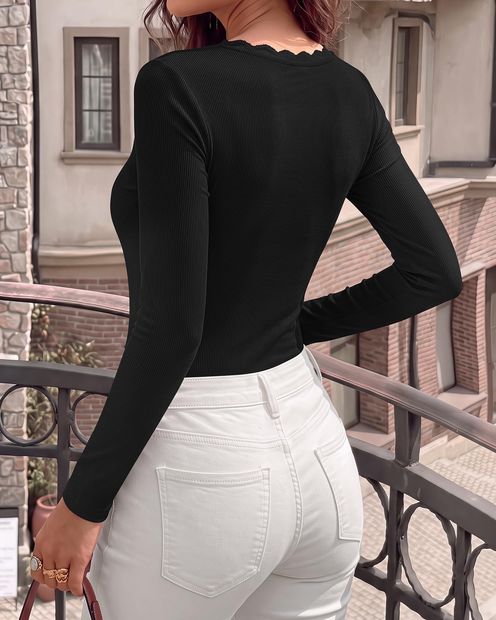 BTFBM Lace Deep V Neck Fitted Long Sleeve Shirts for Women | Womens Fall Fashion, Casual T Shirt, Base Layer, Basic Undershirts, Slim Fit Going Out Tops, Date Night Out Outfits