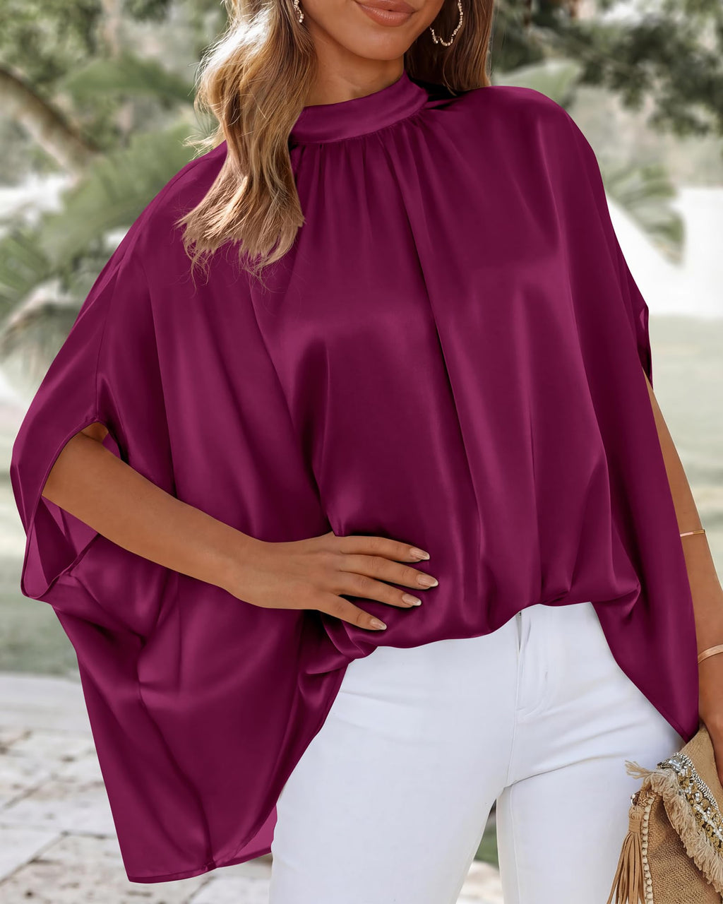 BTFBM Womens Summer Tops Mock Neck Batwing Sleeve Silk Satin Shirts Loose Oversized Dressy Casual Spring Blouses