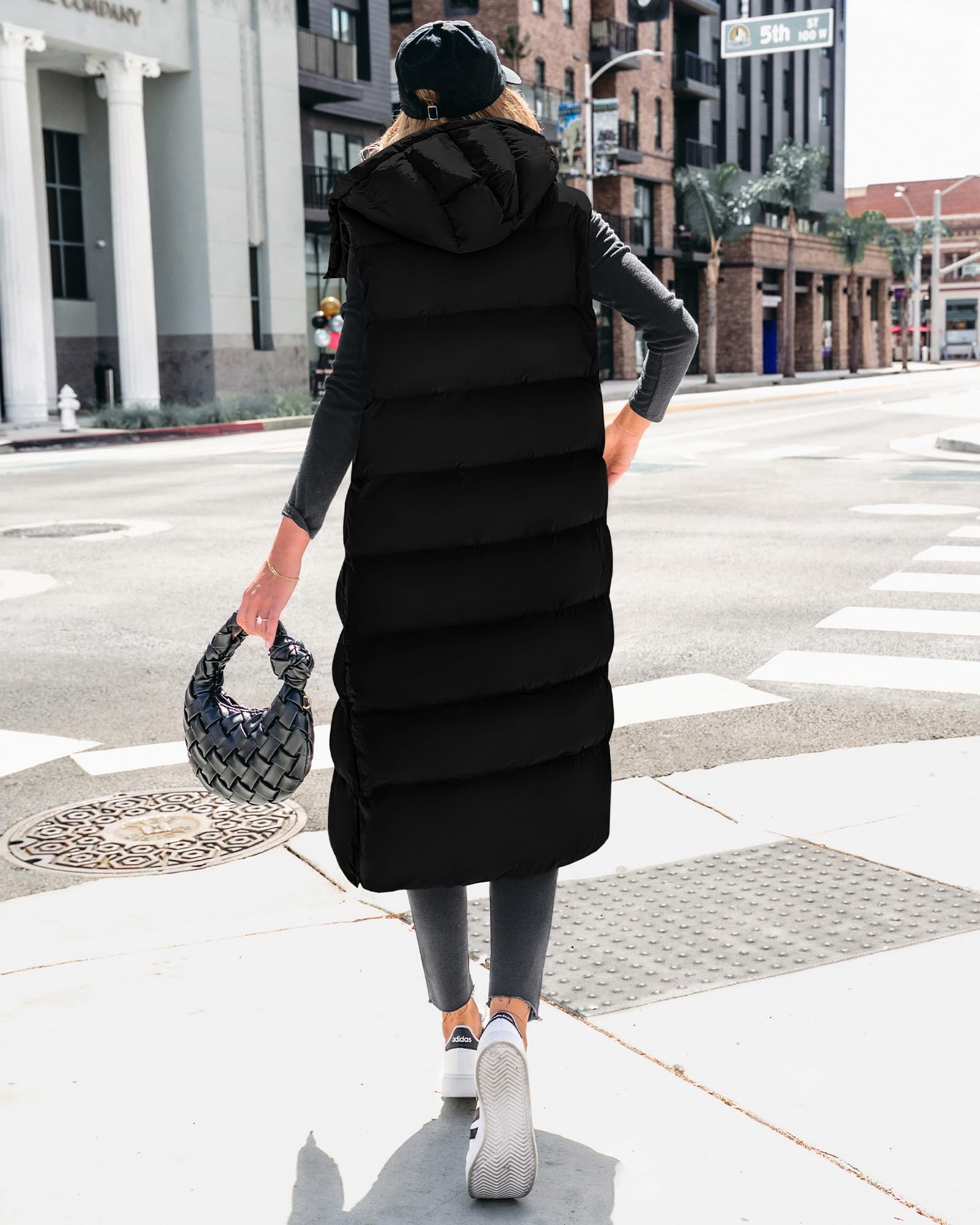 FreshPretty Long Puffer Vest Women Quilted Hooded Button Down Zip Up Sleeveless Vests Outerwear Padded Jacket Fall Winter Coat