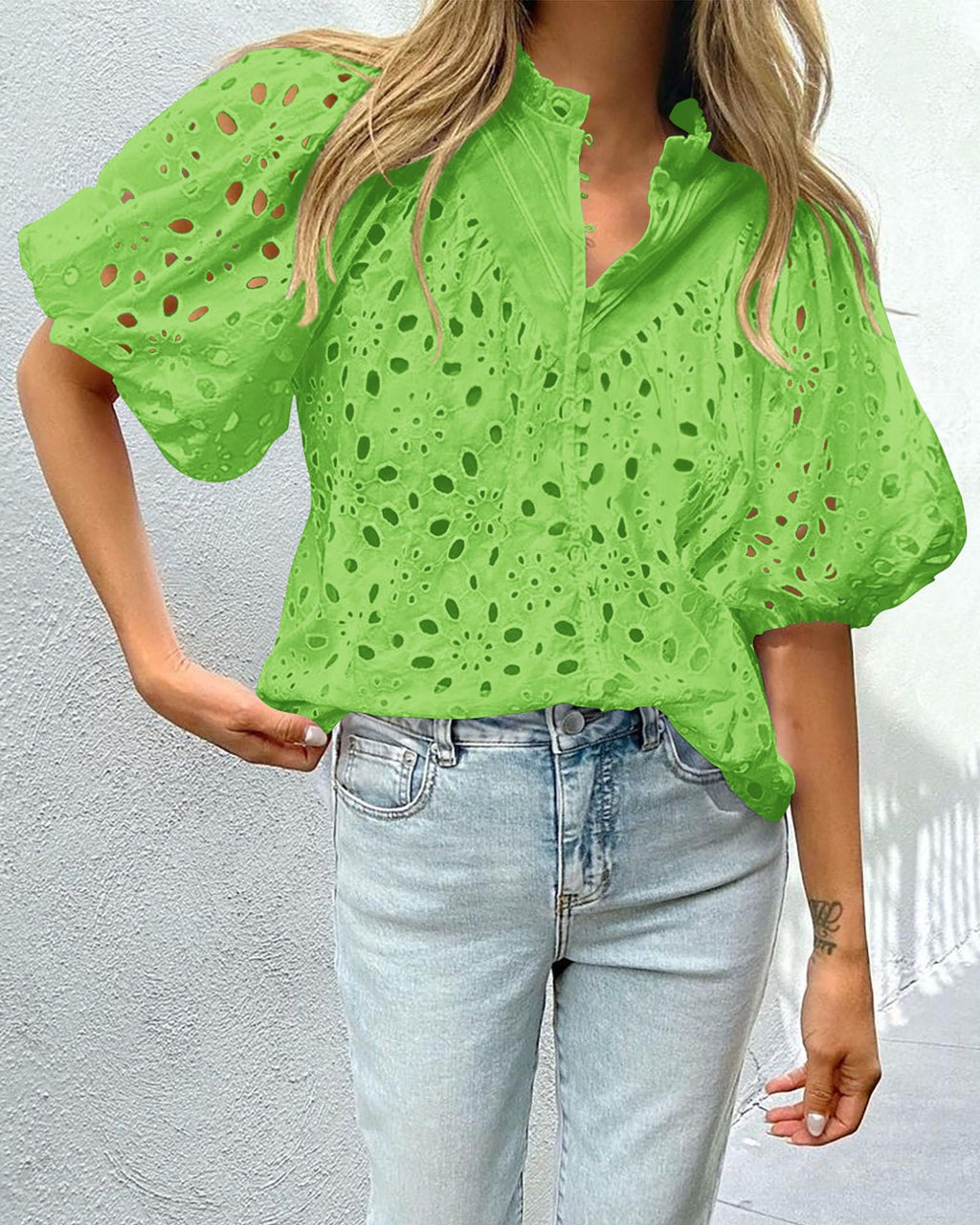 PRETTYGARDEN Women's Summer Tops Dressy Casual Short Sleeve V Neck Buttons Hollow Out Lace Embroidered Blouses Shirts