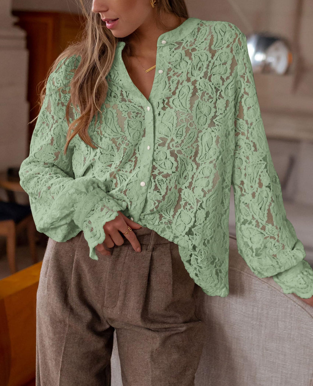 PRETTYGARDEN Women's Dressy Casual Lace Blouse Long Sleeve Button Up Shirts Tops Spring Fall Fashion Clothes