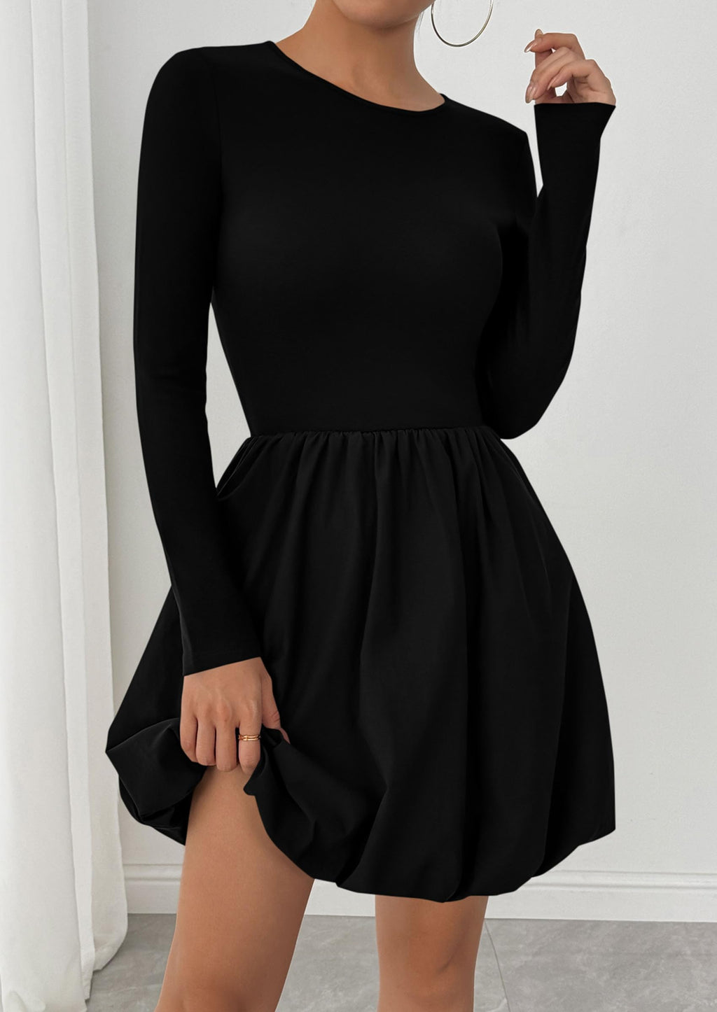 PRETTYGARDEN Fall Dresses for Women Casual Long Sleeve Bubble Cute Crew Neck A Line Mini Short Dress with Pockets