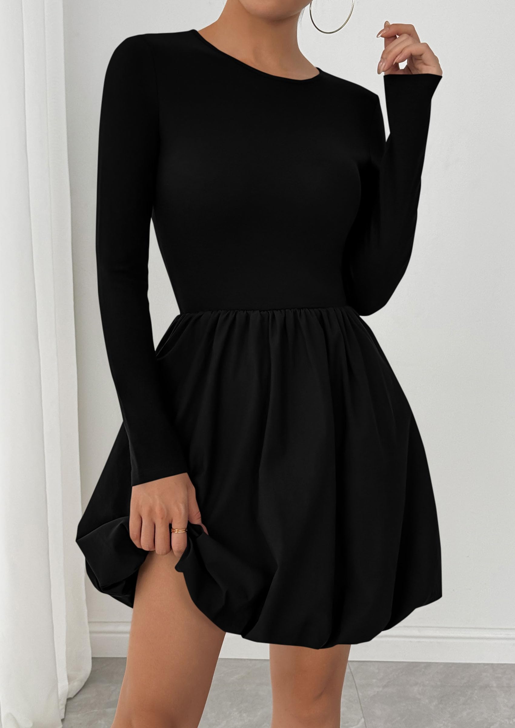 PRETTYGARDEN Fall Dresses for Women Casual Long Sleeve Bubble Cute Crew Neck A Line Mini Short Dress with Pockets