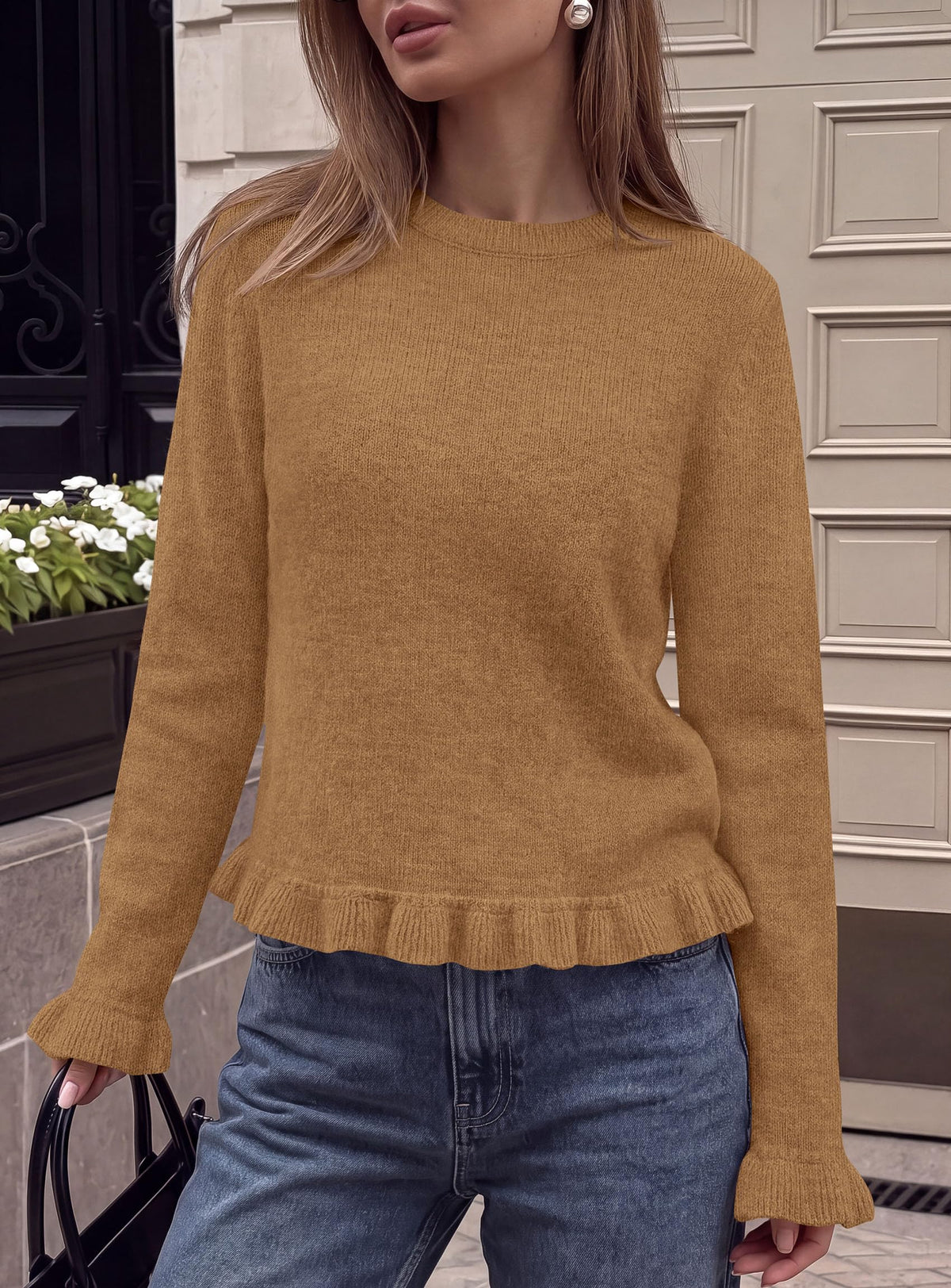 PRETTYGARDEN Women's Ruffle Sweaters Fall Fashion Cozy Knit Pullover Soft Stretchy, Crewneck Long Sleeve, Cute Peplum Tops, Dressy Casual Blouses, Going Out Holiday, Trendy Winter Outfits