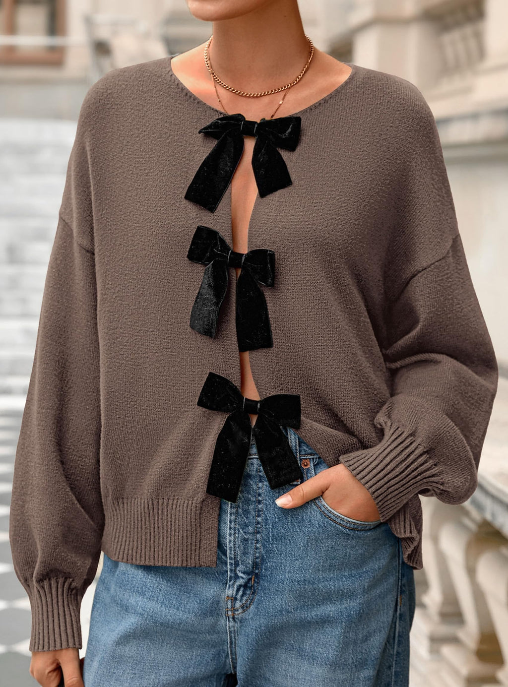 PRETTYGARDEN Cardigan Sweaters for Women Fall Fashion Bow Tie Front Long Sleeve Knit Sweater Tops Cute Winter Clothes